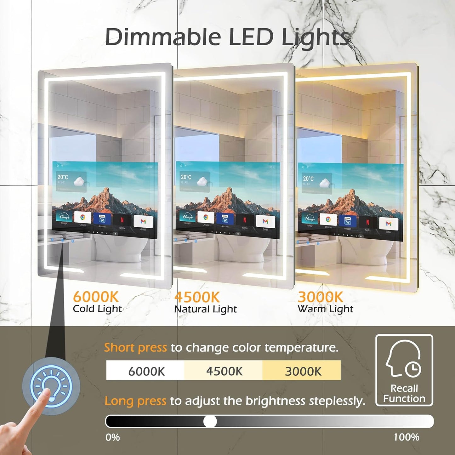 24x32 Inch Bathroom TV, Smart Vanity Mirror with 21.5'' Touch-Screen TV, IP66 Waterproof Defogging Mirror TV with 3 Color LED Light HDMI Android System for Bathroom Hotel Hair Salon (2025)