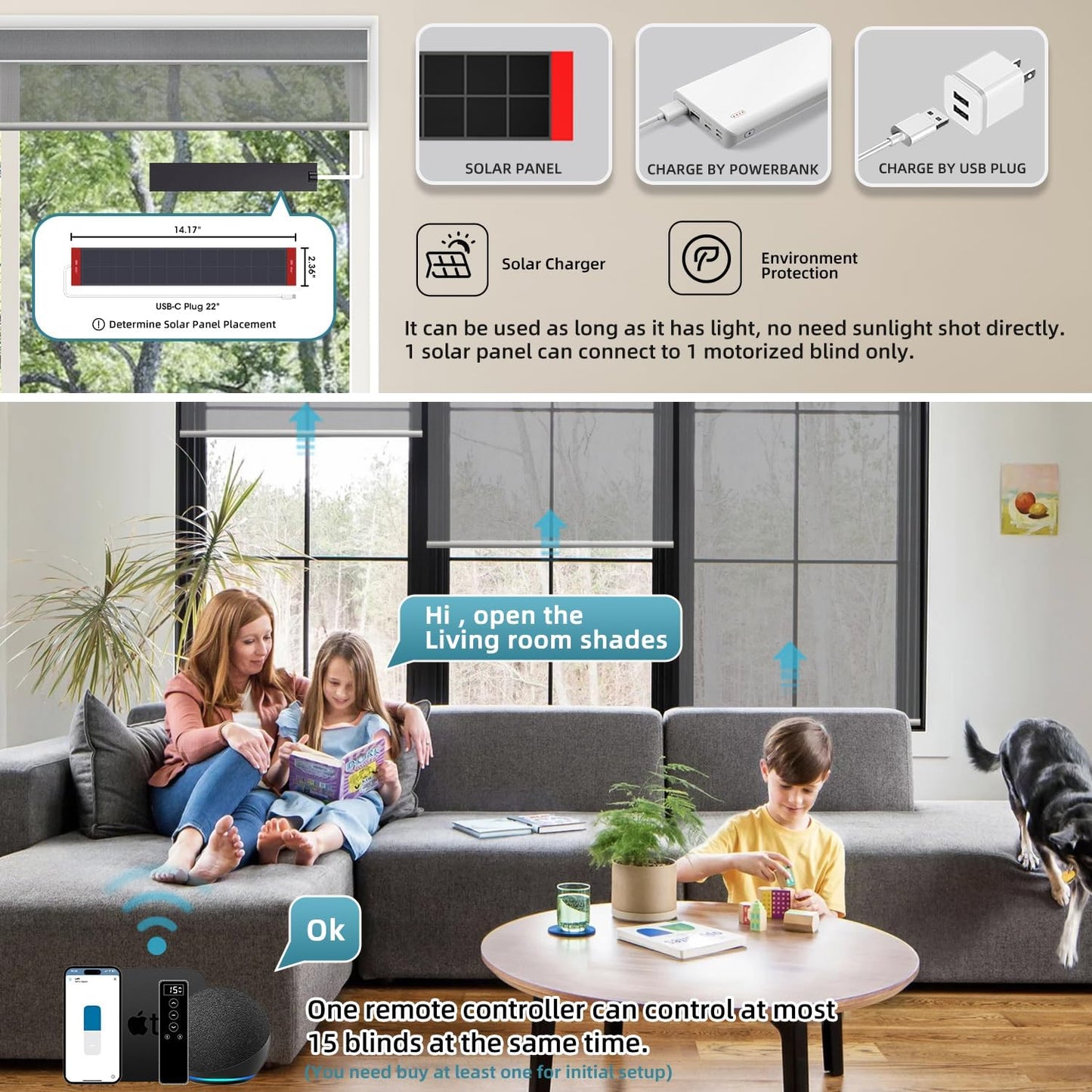 SmartWings Motorized Light Filtering Roller Shades 60% Blackout Custom Size, Rechargeable Battery, Works with Matter/Apple HomeKit, Alexa, Thread/Zigbee, Remote Optional, 60% Twilight Veil