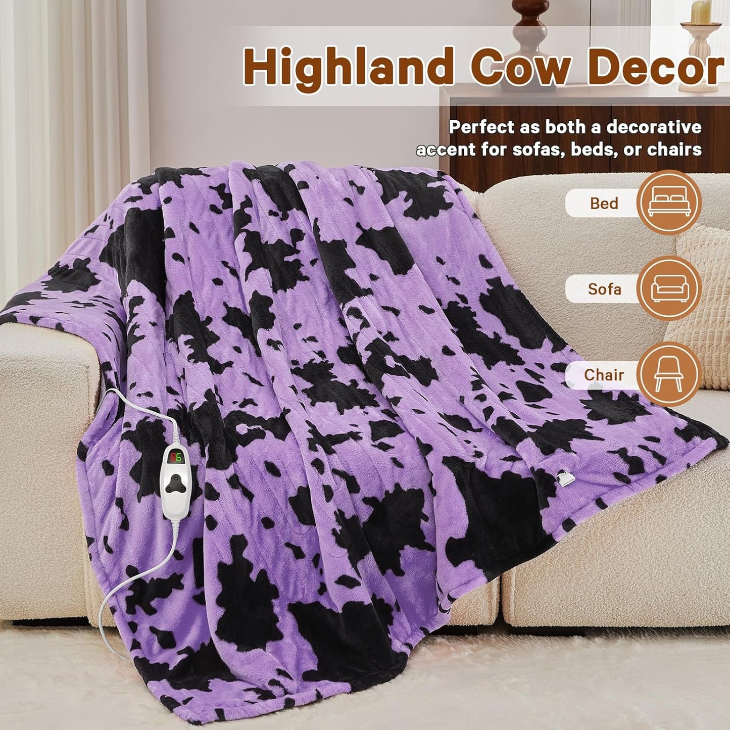 Cow Print Heated Electric Blanket Twin Size,62X84 Purple Heating Blanket with 10 Heats Levels & 8 Hours Auto Off,Highland Cow Fleece Sherpa Blankets Warmer Gifts for Women Adults Couch,Washable