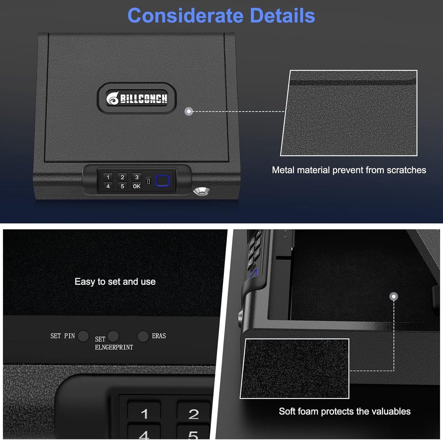 Biometric Gun Safe for Pistols 3-Ways unlock Fingerprint Digital PIN Key Unlock Handgun Safe with Sound, Lock box for Cloakroom living room Bedroom Nightstand and Car BILLCONCH
