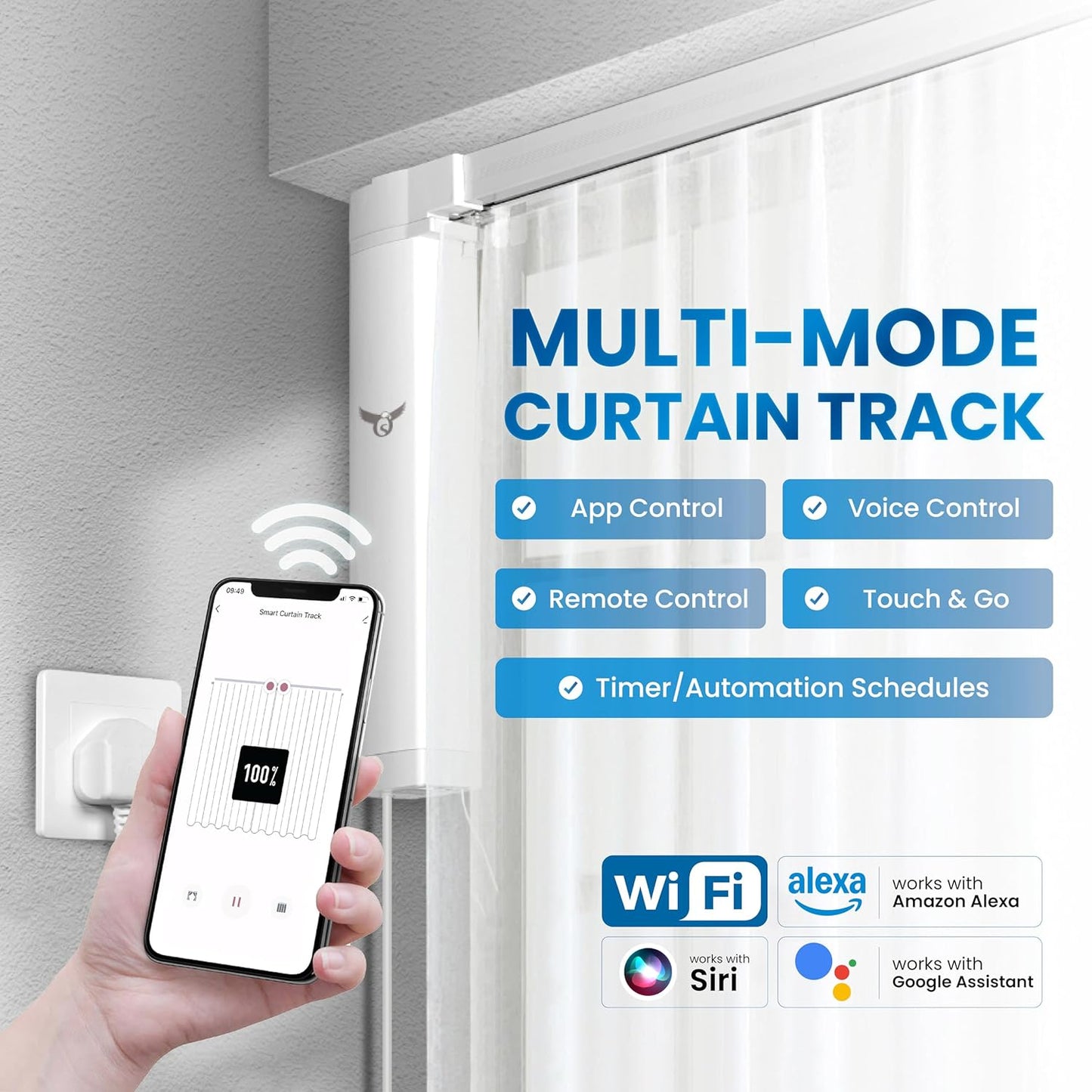 Osprey Smart Curtain Track, Single-Piece Motorized Rod, Adjustable Length, Quiet Heavy-Duty Motor, Remote & App Control, Compatible with Alexa & Google Assistant, Ceiling or Wall Mounted