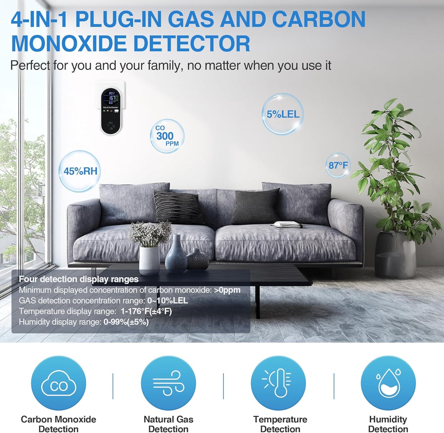 4-in-1 Portable Carbon Monoxide Detectors Plug in – Natural Gas Leak Detector, Methane & CO Alarm with Dual Sensor, Temperature & Humidity Display for Home, RV, Travel, 1 Pack