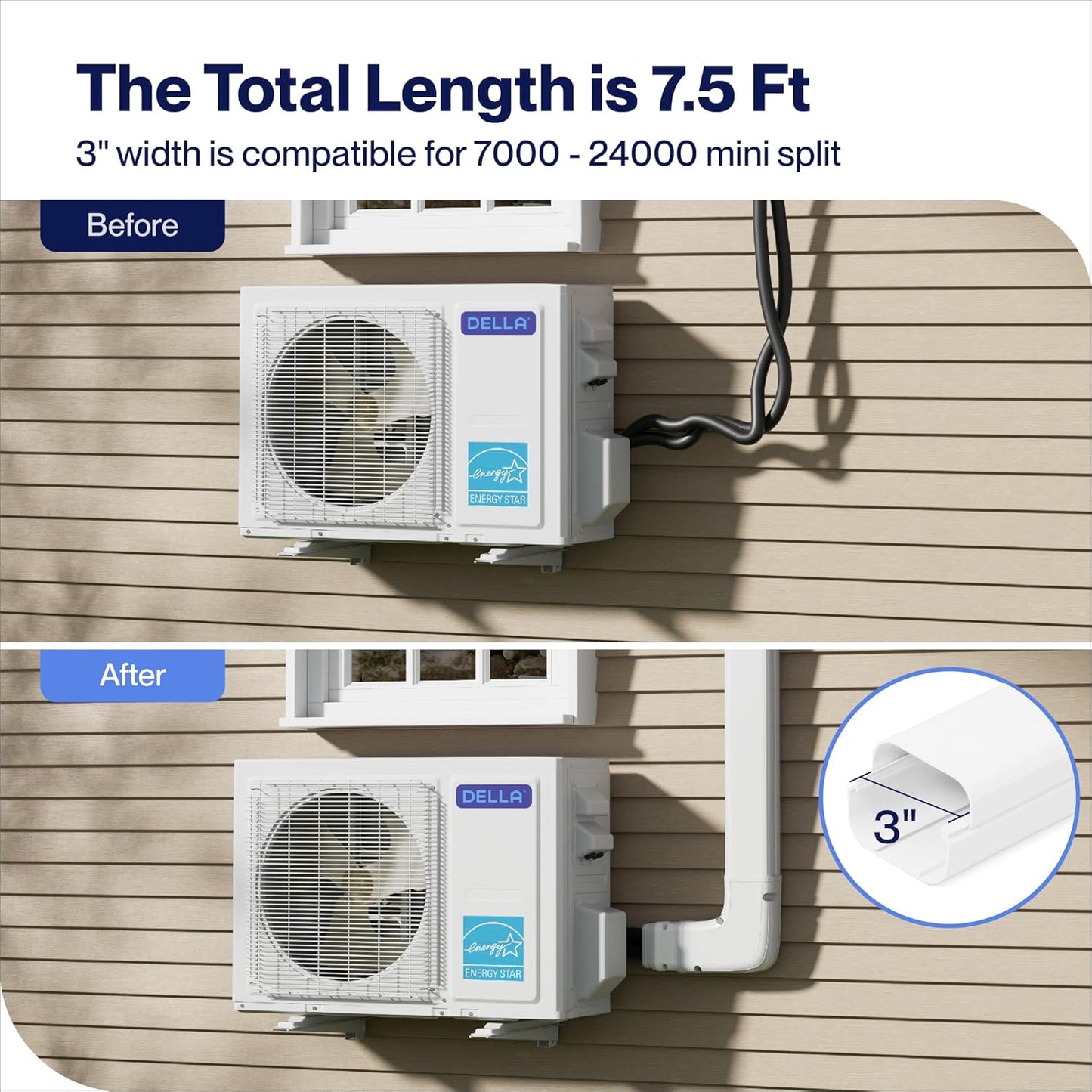 Della 3" 7.5 Ft Mini Split Line Set Cover, Decorative PVC Lineset Cover Kit, Paintable for Mini Split Air Conditioner, HAVC & Heat Pumps Systems Tubing Cover, White