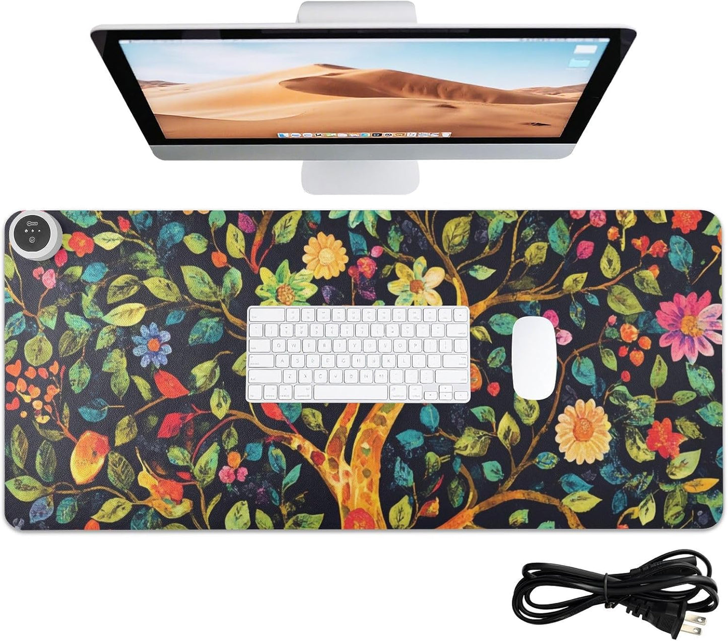 Heated Desk Pad Mouse Pad 31.5x13 Inch PU Leather Desk Mat with 3 Heat Levels Large Mouse Gaming Computer Laptop Mat Tree of Life Floral Leaves Black