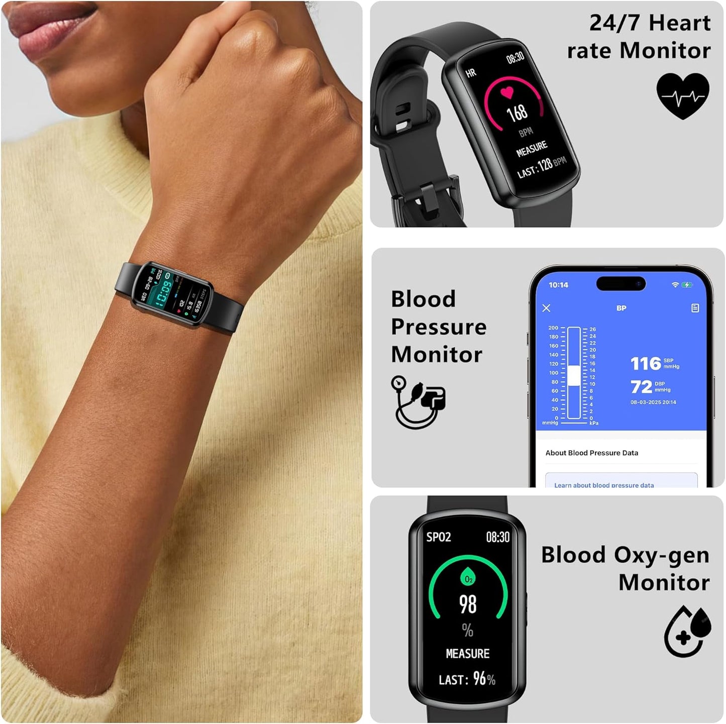 Health Fitness Tracker, Smart Watch with 24/7 Heart Rate, Activity Tracker with Blood Pressure and Blood Oxygen Monitor, 120 Sport Mode Waterproof Sleep Tracker for Women Men (Black)