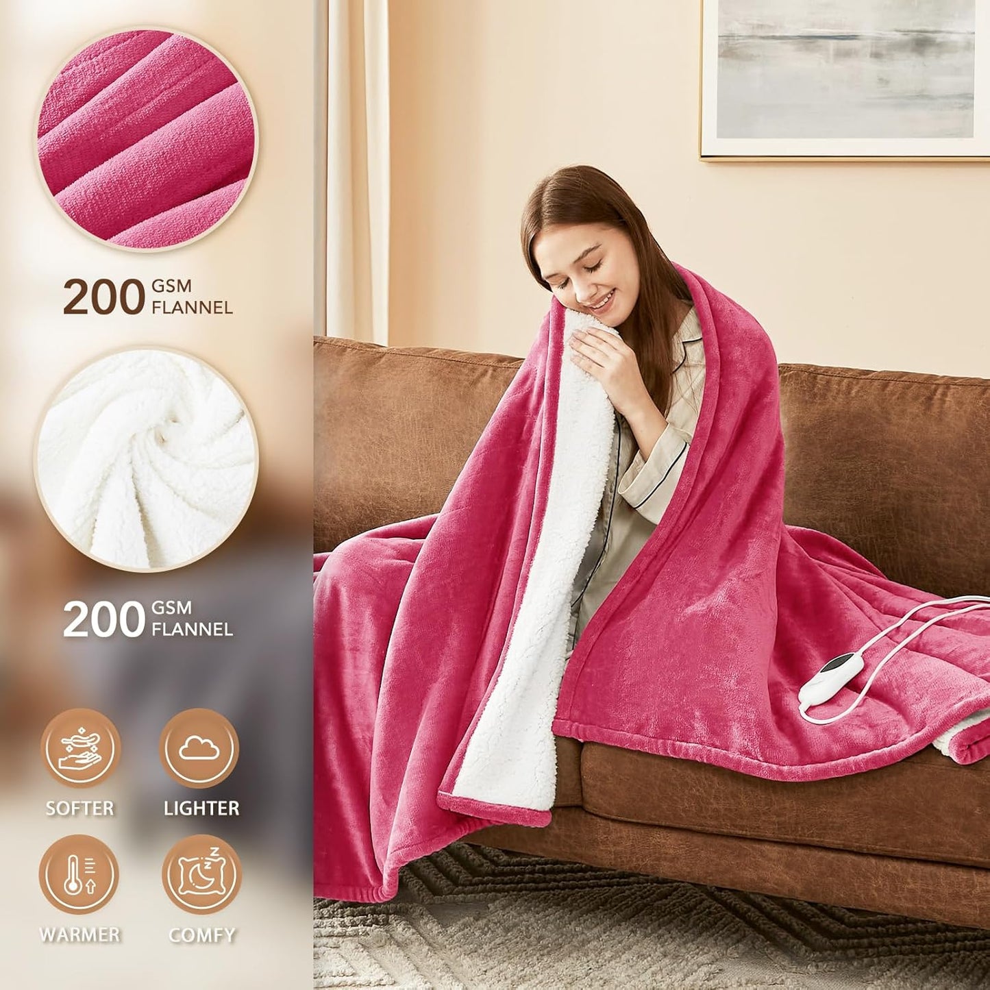 Homemate Electric Heated Blanket King Size - 100"x90" Heating Blanket King Size Dual Control 1/2/4/6/8 Hours Auto-Off 10 Heat Level Over-Heat Protection Flannel Sherpa ETL Certification