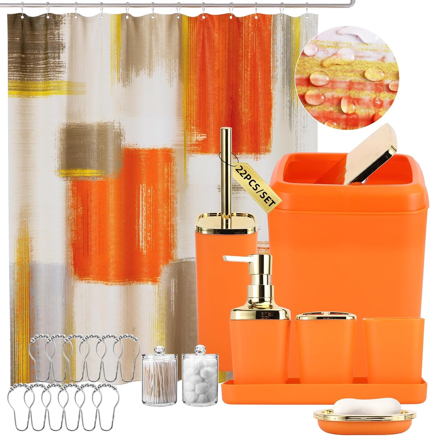 Orange Bathroom Accessories Set, Bathroom Sets with Shower Curtain, Orange Bathroom Accessories with Trash Can, Soap Dispenser, Soap Dish, Toilet Brush Holder, Qtip Holders for Bathroom