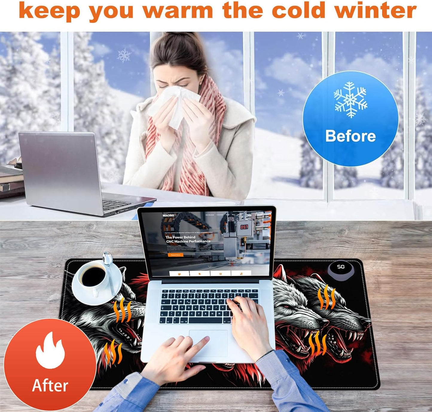 Small Heated Desk Pad 23.6" x 14.2" – Compact Electric Mouse Pad with 3 Heating Levels, Auto Shut-Off, Waterproof PU Surface, Plug-in Warmer for Office or Home Use, Four Wolves