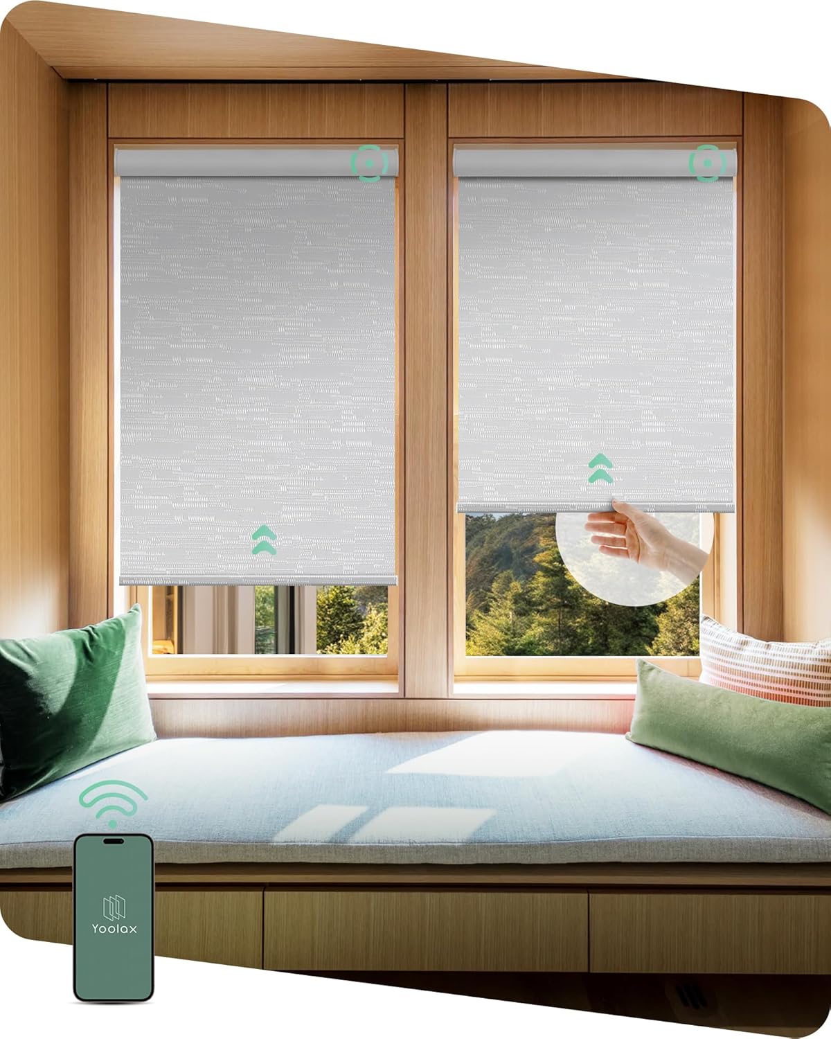 Yoolax Motorized Shades Dual Control, MotionFlex Motorized Roller Shades with App & Manual Control, Pull Down Automatic Shades for Indoor Windows, Custom Size(Blackout Jacquard White)
