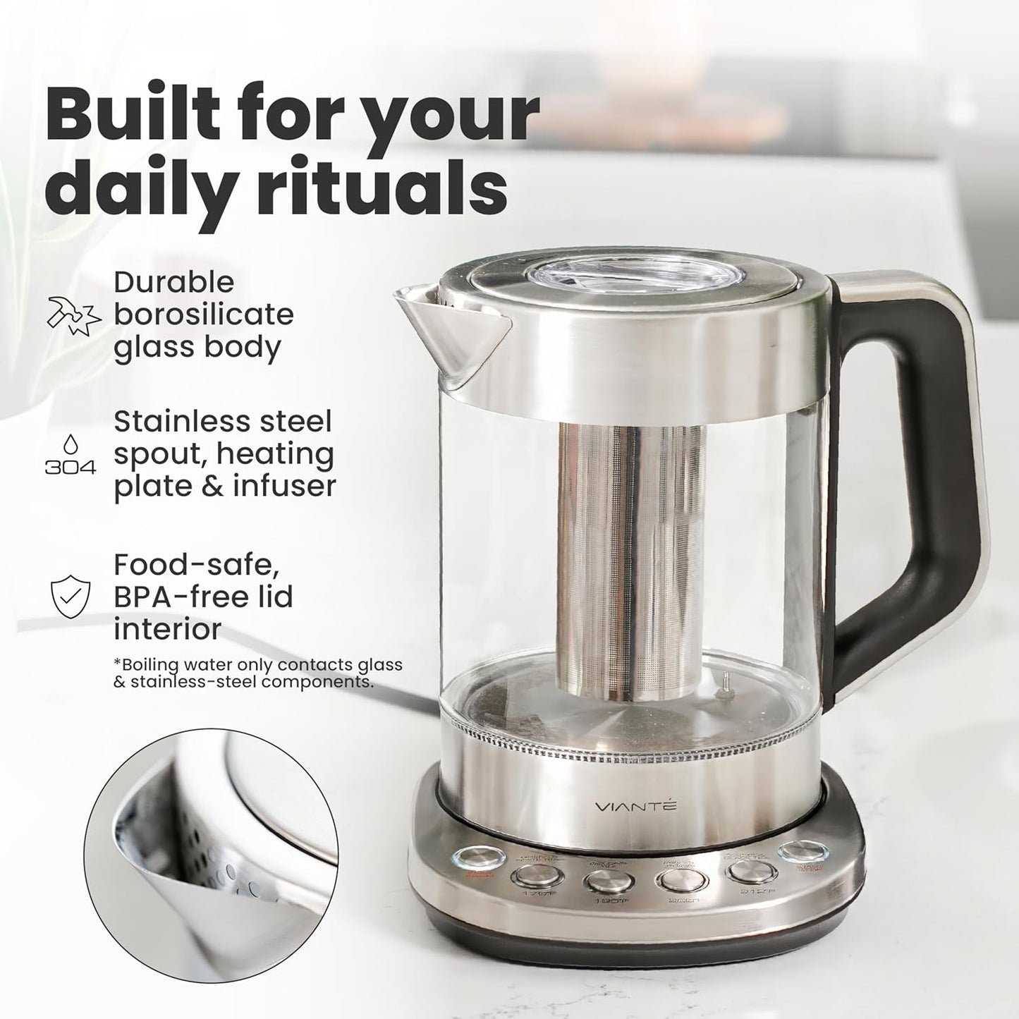 Vianté Electric Kettle With Infuser For Loose Leaf. Hot Tea Maker With Temperature Control And Automatic Shut Off. Tea Kettle With Brewing Programs. 1.5 Liters Capacity