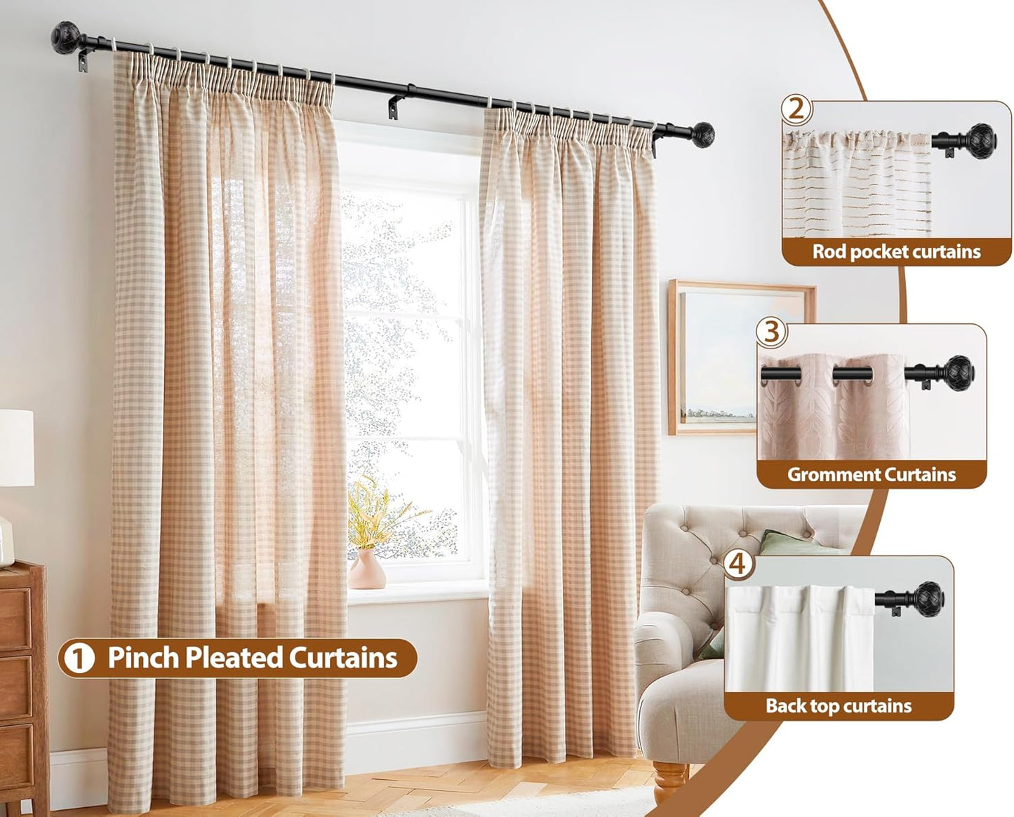 TONIAL Black Curtain Rod 32 to 58 Inches, 7/8 Adjustable Curtain Rods for Windows 20 to 54 Inches, Splicing Drapery Rods Heavy duty with Netted Texture Finials
