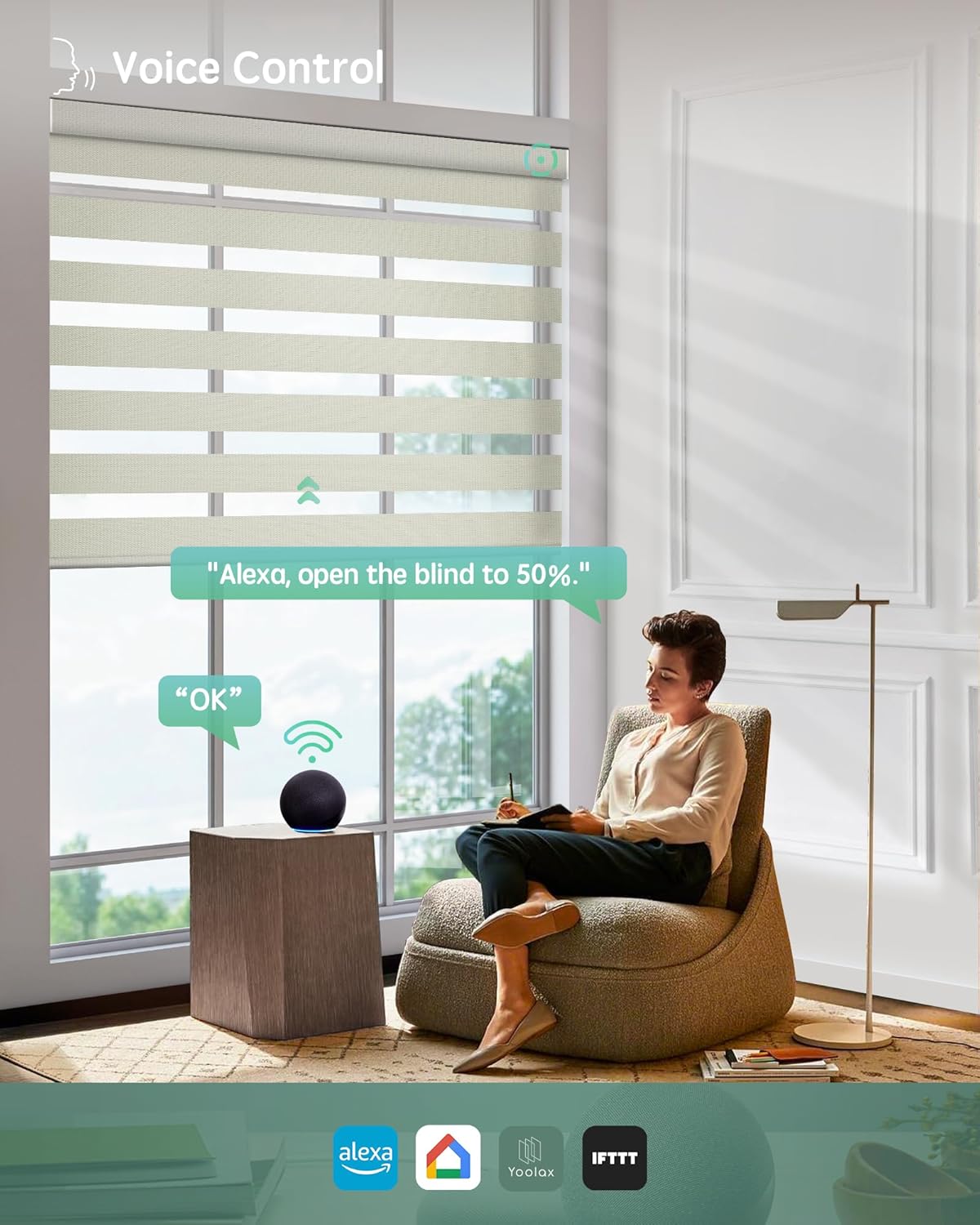 Yoolax Motorized Zebra Blinds Compatible with Alexa,Motorized Blinds with Remote Smart Automatic Custom Electric Window Blinds Cordless Indoor Blackout for Home Bedroom Kitchen (Striped Gold)