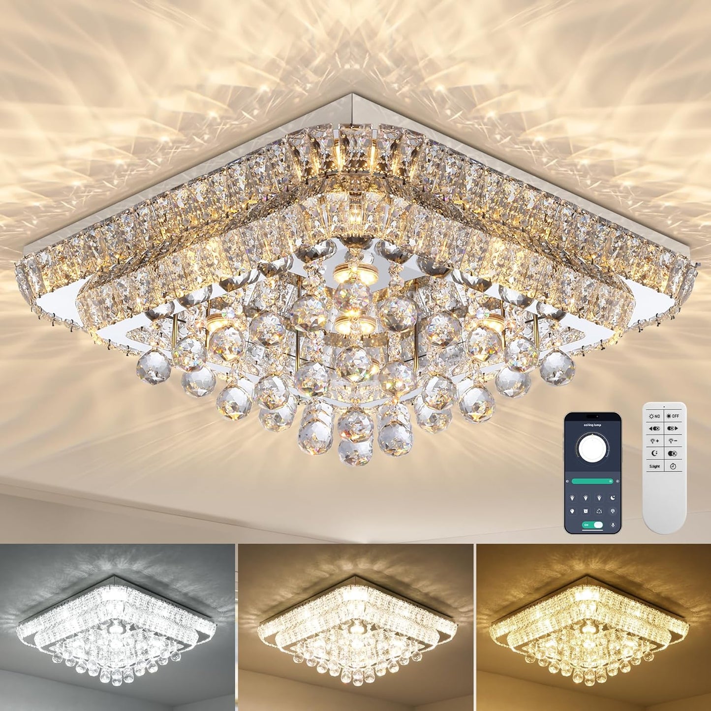 COCOSTAR 24 inch Crystal Flush Mount Chandelier Remote/APP, Modern Raindrop LED Ceiling Light, 3CCT Dimmable & Brightness Adjustable,Elegant Chandeliers for Bedroom Hallway Dinning Room Living Room