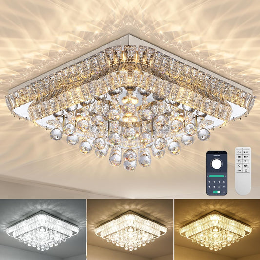 COCOSTAR 24 inch Crystal Flush Mount Chandelier Remote/APP, Modern Raindrop LED Ceiling Light, 3CCT Dimmable & Brightness Adjustable,Elegant Chandeliers for Bedroom Hallway Dinning Room Living Room