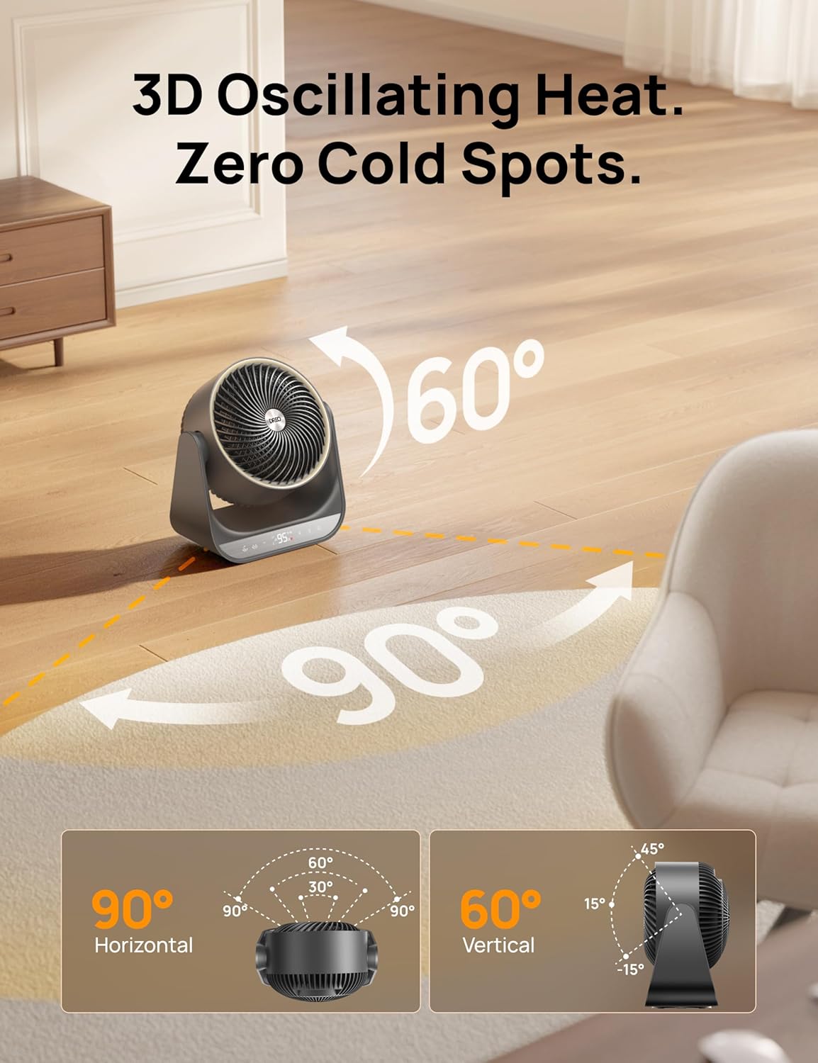 Dreo Whole Room Heater 714, 60° Vertical & 90° Horizontal 3D Oscillating Heating, 12 ft/s Long-Range Circulator, 3 Heat & 3 Fan Settings, Space Heaters for Indoor Use, Bedroom, Office, Grey