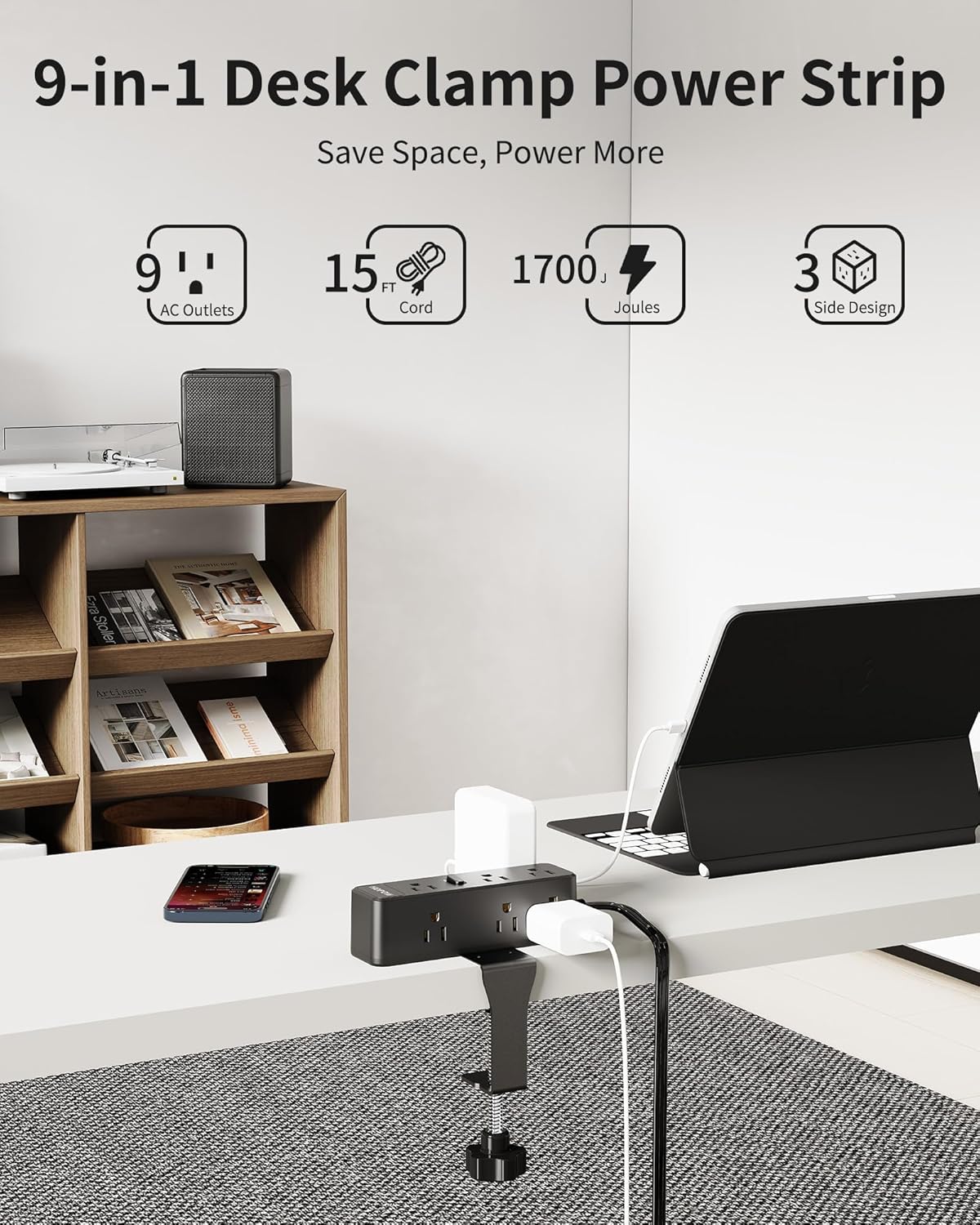 Desk Clamp Power Strip 15FT, Desktop Edge Mount Charging Station with 9 AC Outlets, 1700J Under Desk Surge Protector, Fit 2.75" Tabletop, Extension Cord for Home Office, Black