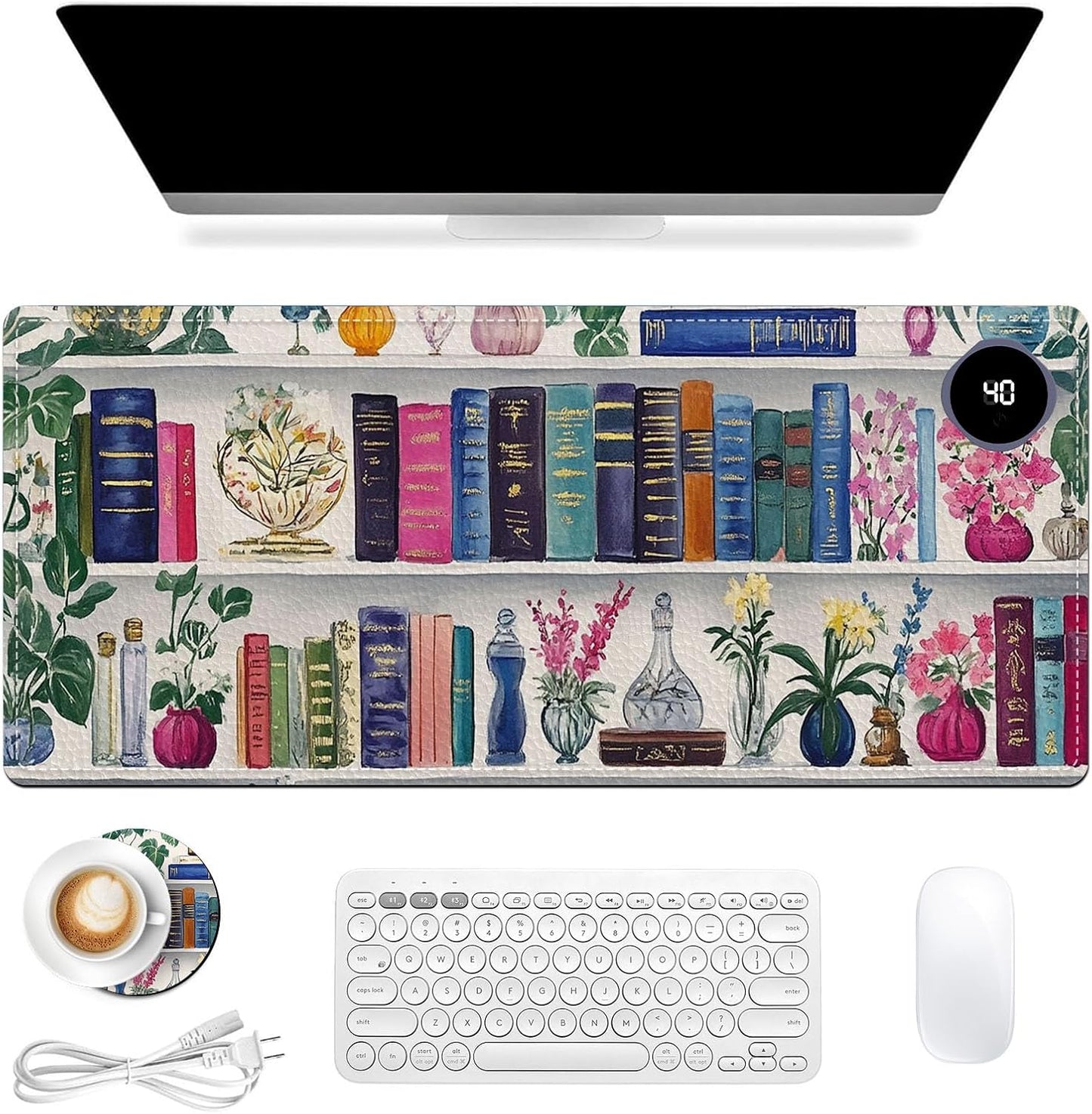 Heated Mouse Pad 31.5x13 in 3-Temp Fast Heating Desk Mat with Auto Timer Warmer for Hands Wrist Pain Relief Waterproof Keyboard Mat for Office, Gaming, Home, Bookshelf Floral