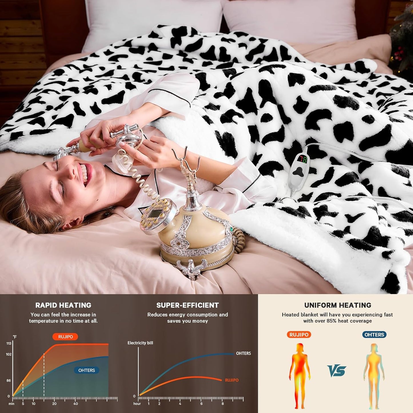 Black Heated Electric Blanket Throw,50X60 Cow Print Heating Blanket with 10 Heats Levels & 8 Hours Auto Off,Cute Cow Decor Stuff Soft Fleece Sherpa Blankets Warmer Gifts for Women Washable