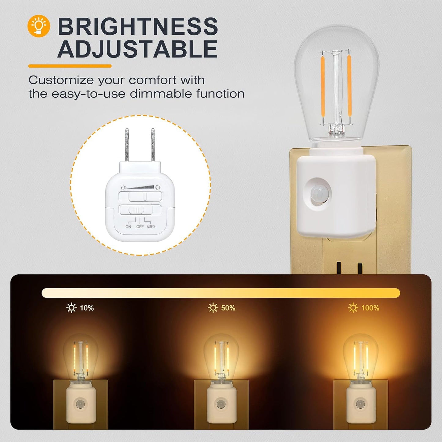 Warm Night Lights Plug into Wall Motion Sensor, 1W 2700K, LED Night Light, 10-100LM Adjustable Brightness, Automatic Night Light for Kids, Bathroom, Hallway, 1-Pack