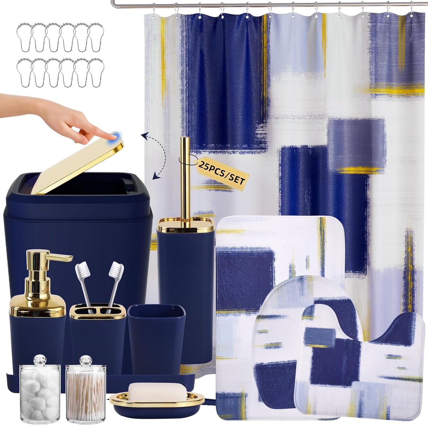 Bathroom Accessories Set - 25PC Bathroom Set with Shower Curtain and Rugs, Blue Bathroom Set, Bathroom Accessory Set with Press-on Lid Trash Can, Soap Dispenser and Qtip Holders