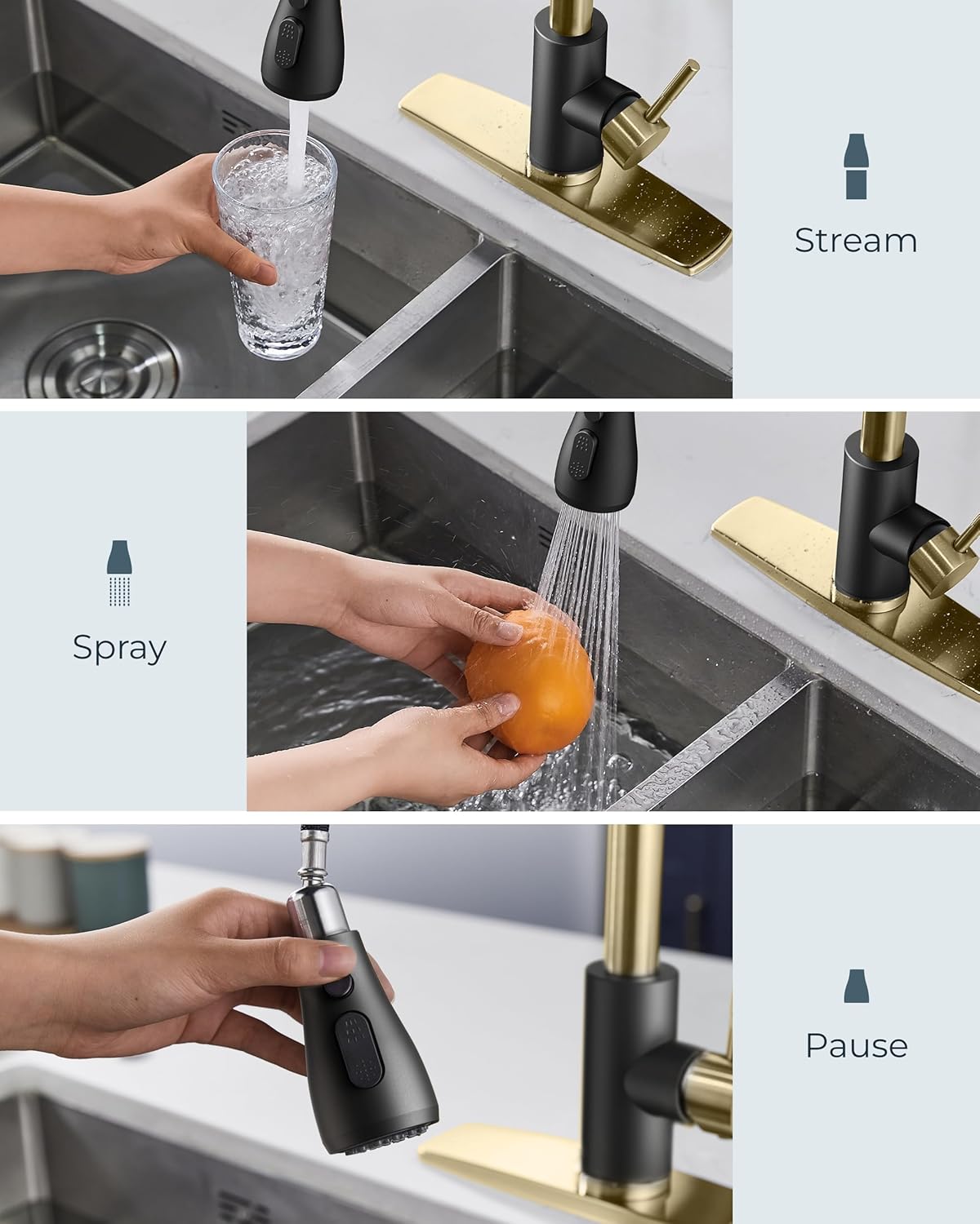 FORIOUS Kitchen Faucets with Pull Down Sprayer, High Arc Single Handle Classic Stainless Steel Sink Faucet 1 or 3 Hole, Suitable for Farmhouse Camper Laundry Rv Bar, Black Gold