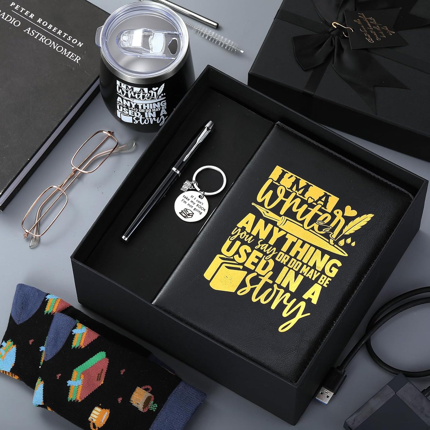 6 Pcs Writer Gifts for Men Women Future Author's Gift 12 oz Stainless Steel Cup Socks Keychain Pen Notebook Box for Novelist Screenwriter Poet Christmas Reading Writing Book Gifts
