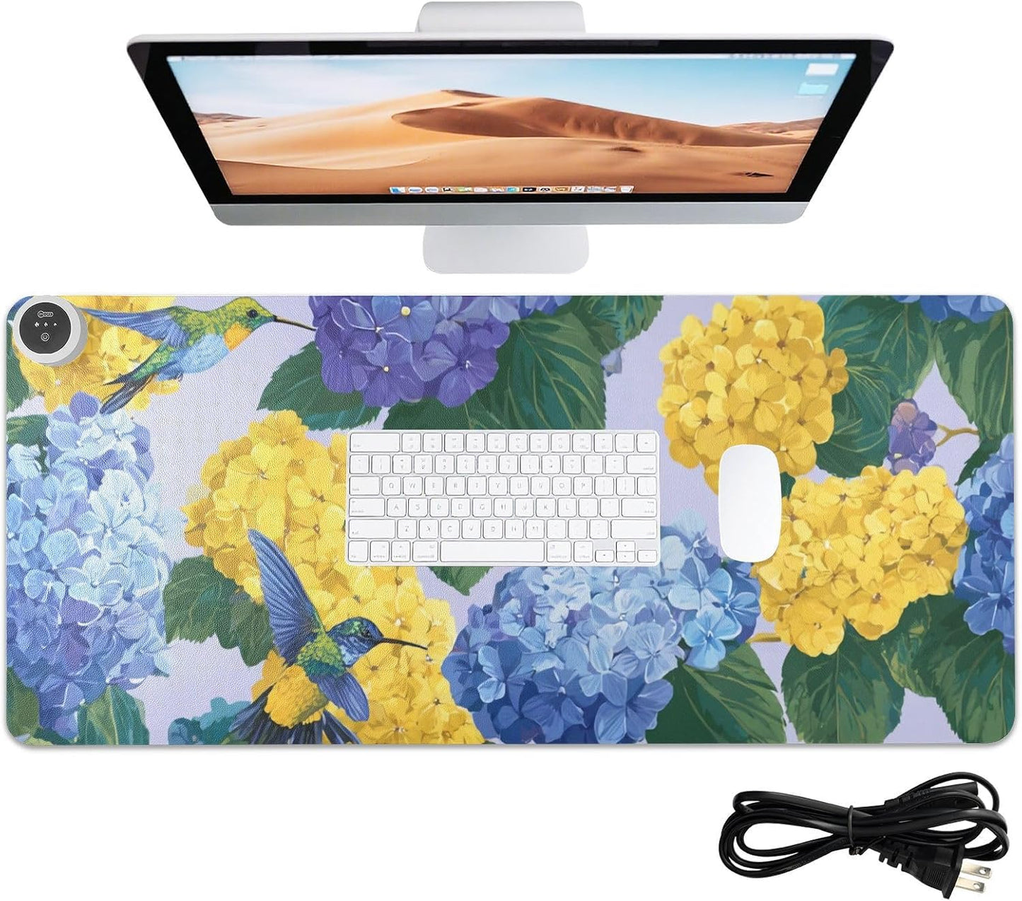 Heated Desk Pad Mouse Pad 31.5x13 Inch PU Leather Desk Mat with 3 Heat Levels Large Mouse Gaming Computer Laptop Mat Blue Hydrangeas Hummingbirds
