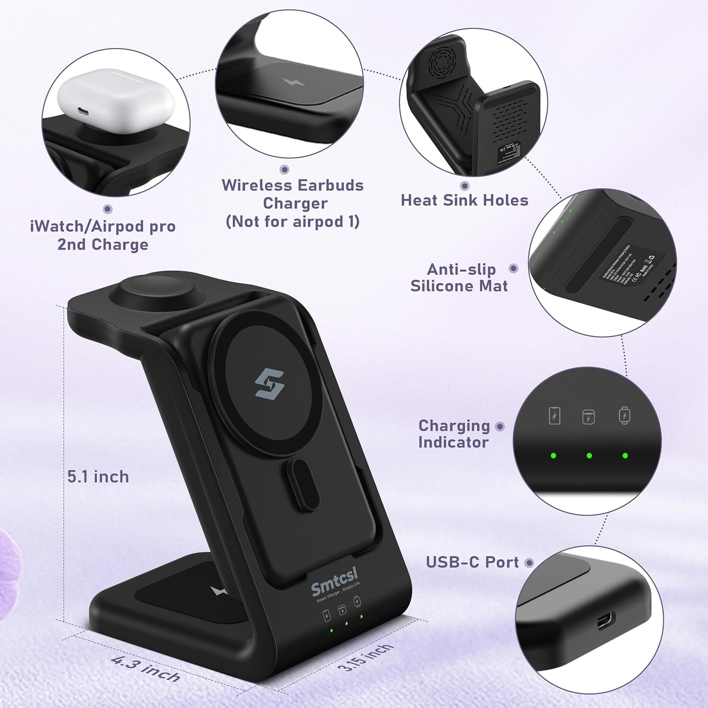 3 in 1 Wireless Charging Station: 10000mAh Removable Power Bank Charger Stand for Phone/Watch/Air Pods - Portable Magnetic Battery Pack for Air 17 16 15 14 13 12 Series