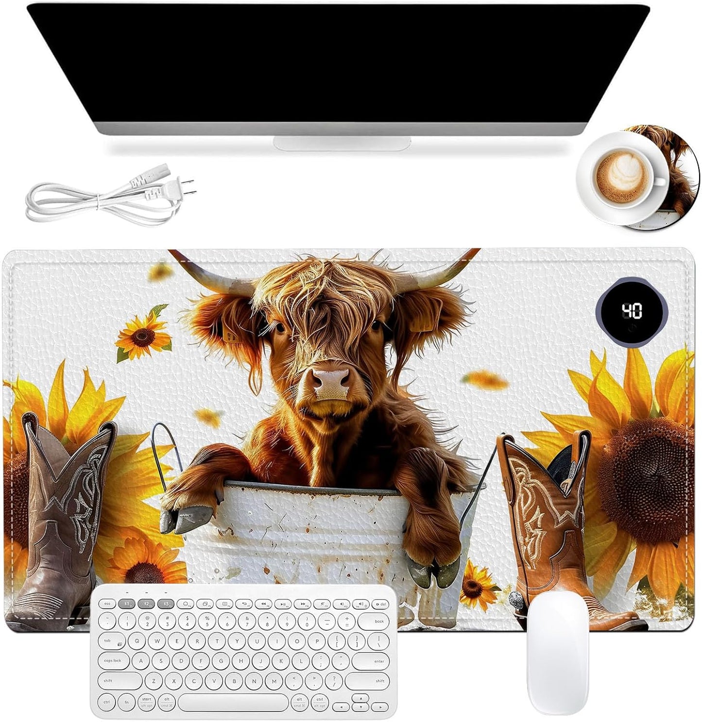 Heated Mouse Pad, Warm Desk Pad, Keyboard Mat 23.6 x 14 Inch Large Size Intelligent Fast Heating, 3 Speed Adjustable, Timed Auto Power Off for Game Office Home, Sunflower Highland Cattle