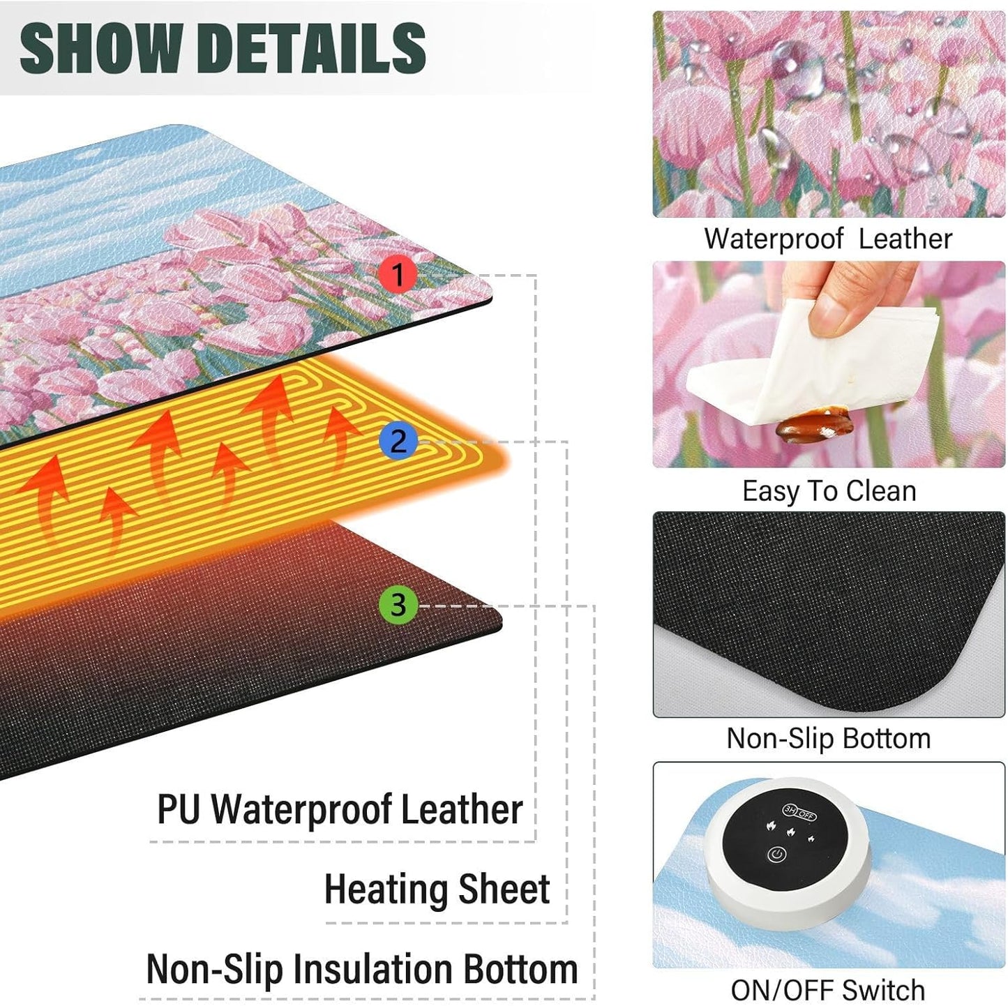 Heated Desk Pad Mouse Pad 31.5x13 Inch PU Leather Desk Mat with 3 Heat Levels Large Mouse Gaming Computer Laptop Mat Pink Tulip Field and Blue Sky