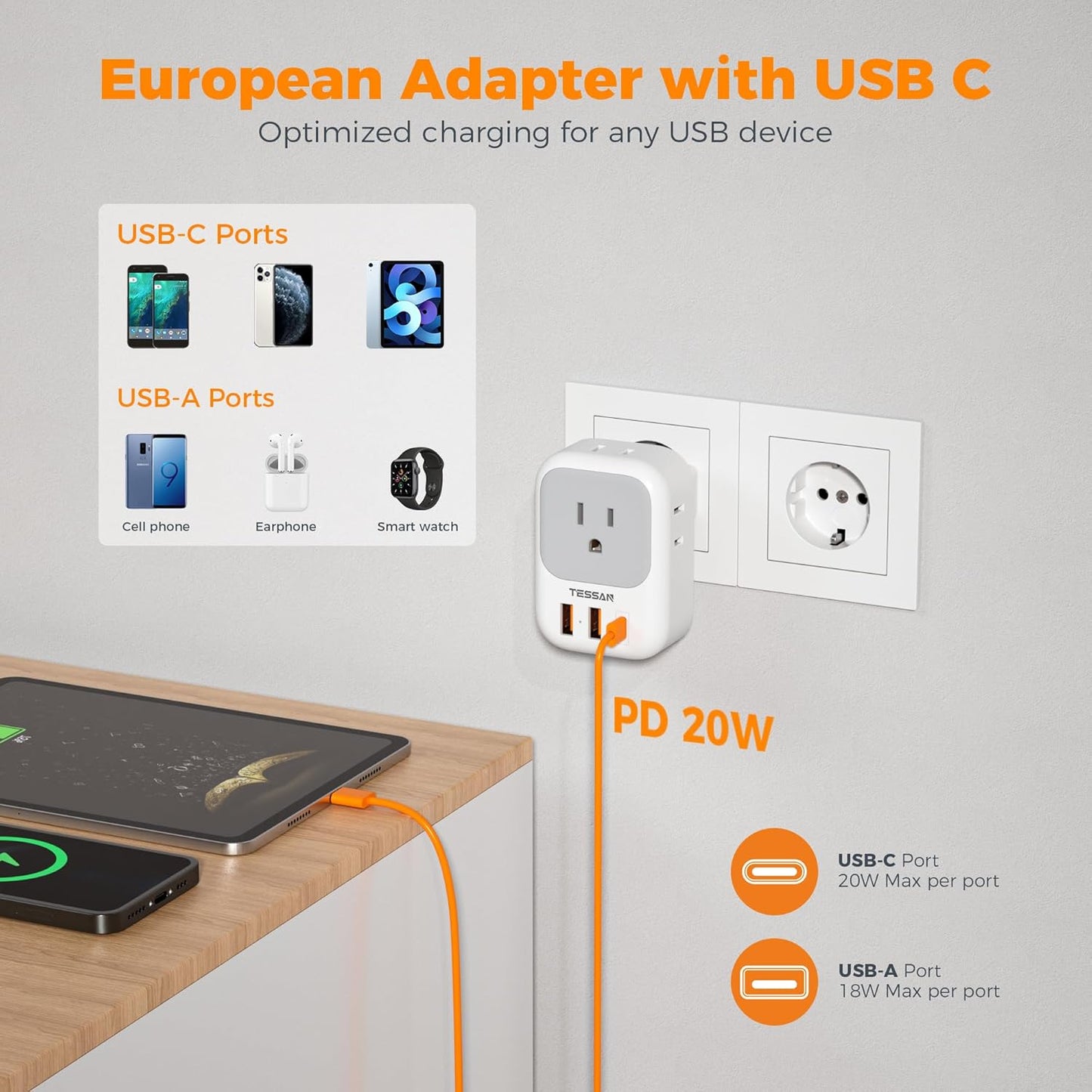 TESSAN European Travel Plug Adapter 2 Packs, Type C Europe Adaptor Foldable Plug 4 Outlets 3 USB(1 USB C PD 20W), US to Spain France Italy Germany Denmark Iceland European Travel Must Haves