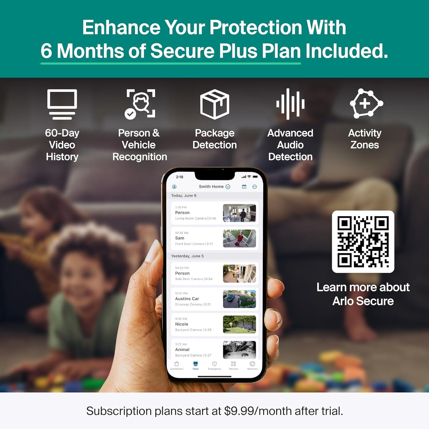 Arlo Essential Pan Tilt Security Camera 2K + 6 Months of Secure Plus Plan - Wired Plug-in Power Outdoor Camera, Person Recognition, Package Detection, Animated Preview, Auto Motion Tracking, 1 Cam