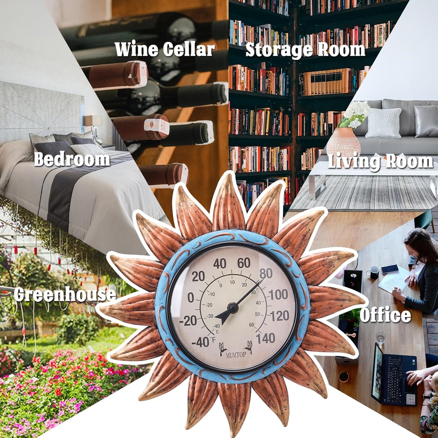 MUMTOP Indoor Outdoor Thermometer - Sunflower Wall Thermometer, Outdoor Thermometers for Patio, Room, Greenhouse, Outside, Garden Decor(Brown)