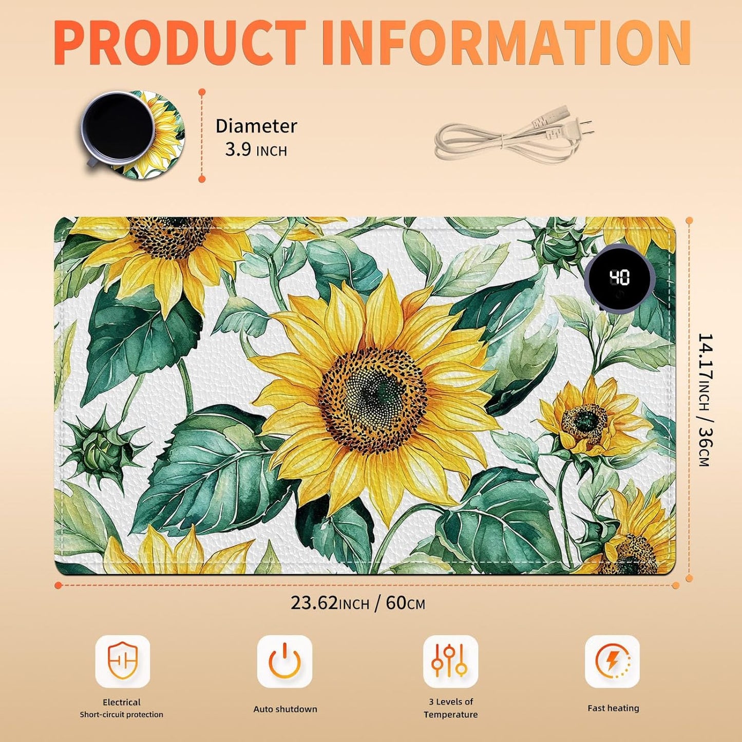 Heated Mouse Pad, Warm Desk Pad, Keyboard Mat 23.6 x 14 Inch Large Size Intelligent Fast Heating, 3 Speed Adjustable, Timed Auto Power Off for Game Office Home, Blooming Sunflowers