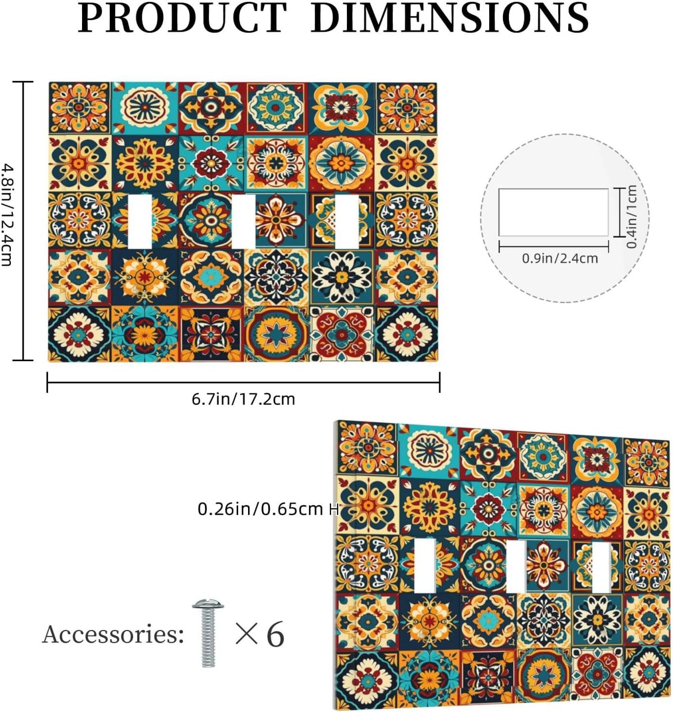 Mexican Talavera Ceramic Tile Moroccan Boho Decorative Switch Plates 3 Gang Wall Plate Triple Toggle Light Switch Cover Faceplate Electrical Wall Panels for Bathroom Kitchen Decor