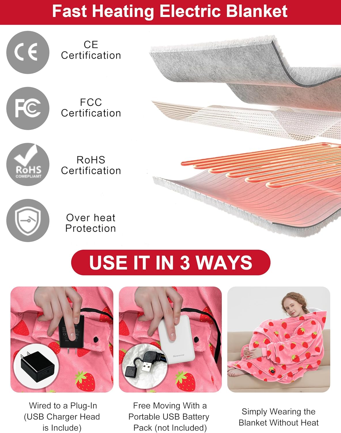 KFUBUO Heated Electric Wearable Blanket Throw Battery Operated Portable USB Cordless Outdoor Hoodie Sweatshirt