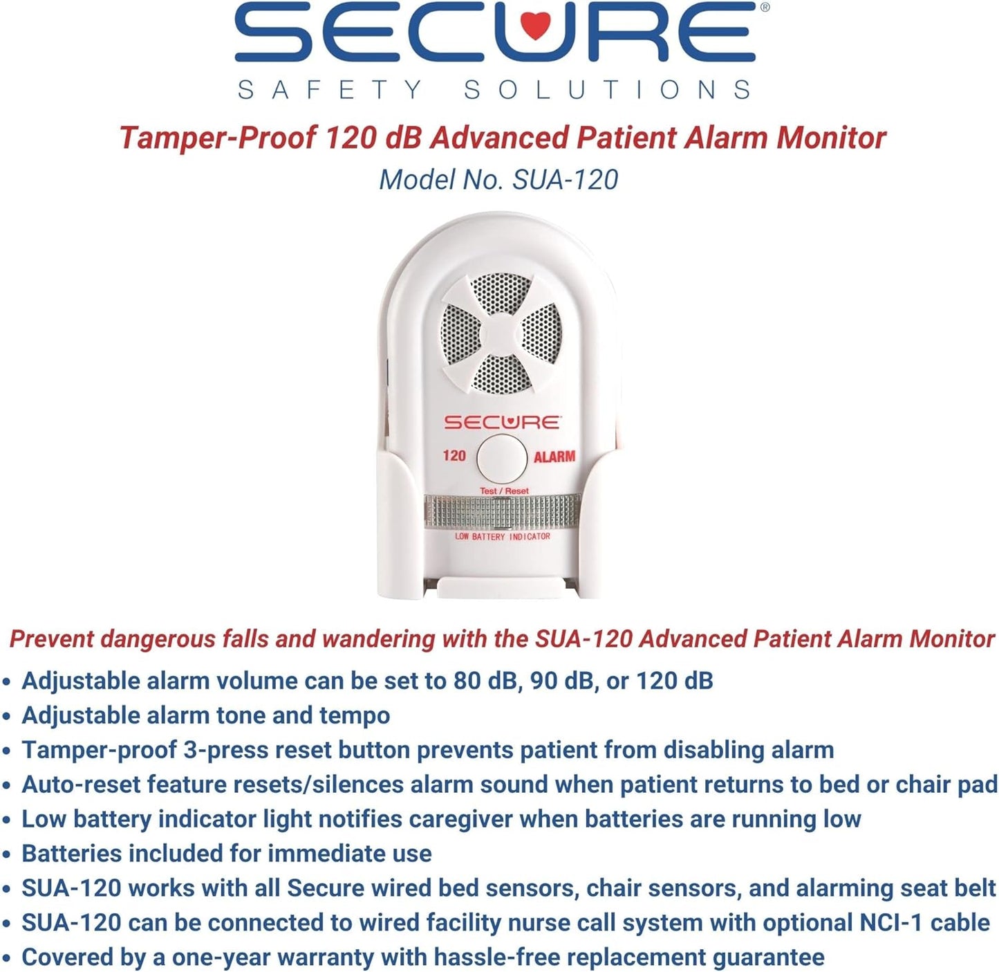 Secure Bed Alarm for Elderly Adults - Long-Term 12 x 30 in. Pressure Sensor Pad, 120 dB Caregiver Alert Monitor & Power Adapter - Smart and Reliable Fall Prevention for Seniors, Dementia Patients