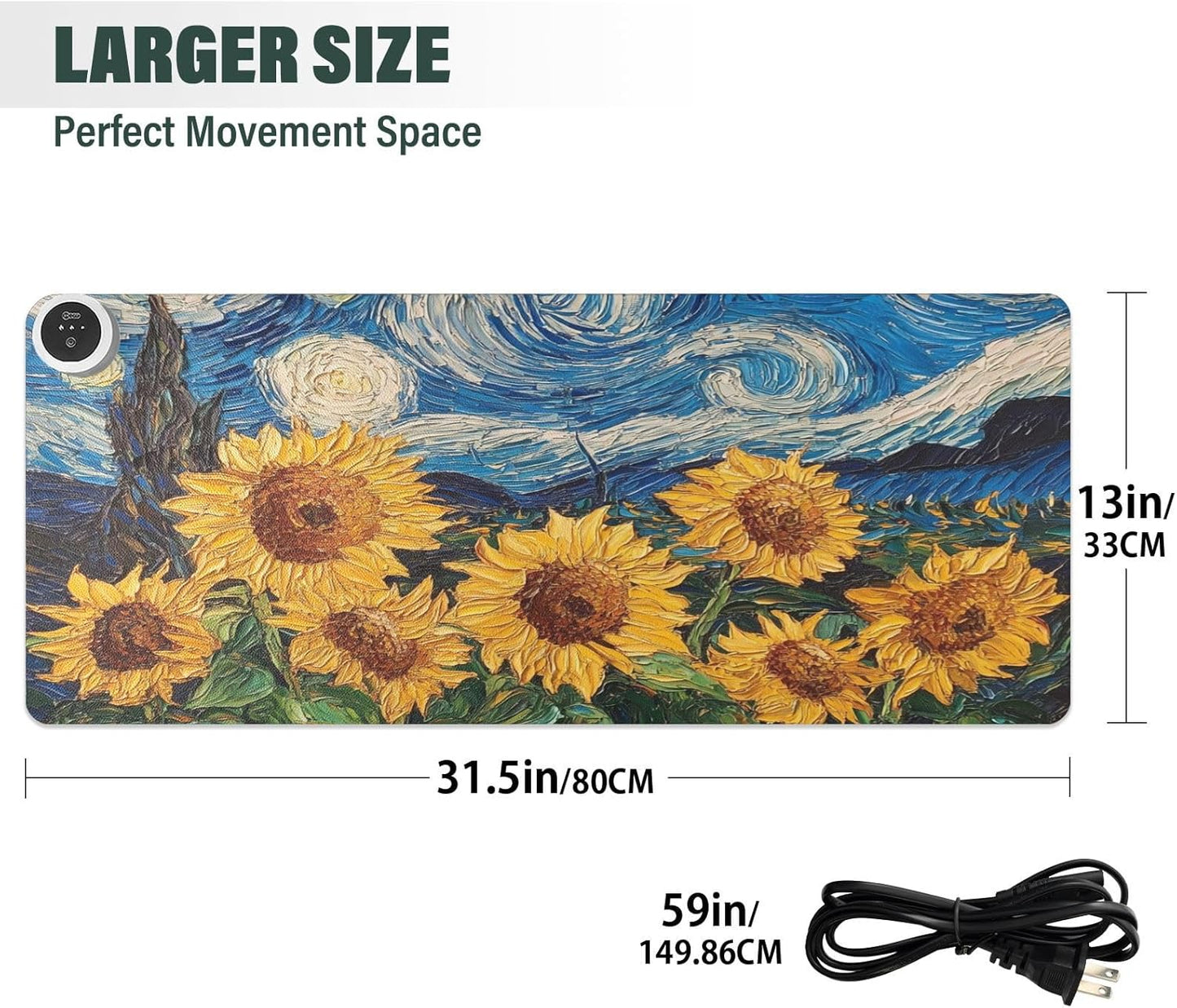 Heated Desk Pad Mouse Pad 31.5x13 Inch PU Leather Desk Mat with 3 Heat Levels Large Mouse Gaming Computer Laptop Mat Starry Night Blue Sunflowers