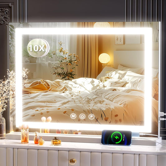 Makeup Vanity Mirror with USB Charging Port 24" x 19" Large LED Makeup Mirror, Desk Mirorr with Lights, Light up Mirror with 10X Magnification and, Dimmable 3 Modes, Touch Control White