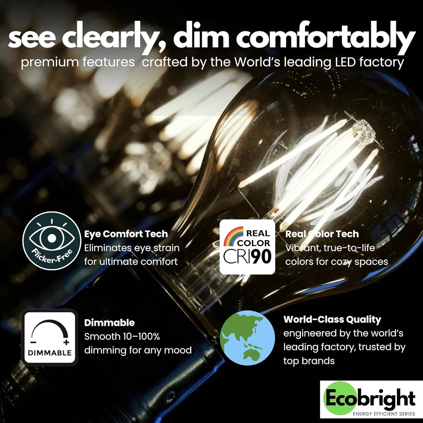 EcoBright 12PK Dimmable A19 LED Filament Bulb 40W Equivalent 5W E26 Base 450 Lumens CRI90 Flicker Free Clear Glass Energy Star Daylight 5000K for Lamps Ceiling Fixtures and Indoor Lighting