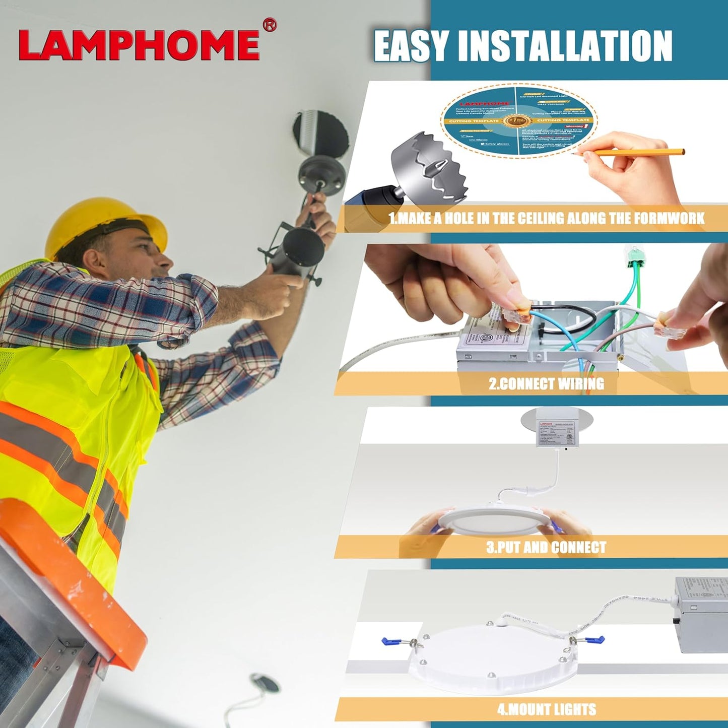 LAMPHOME 24-Pack of 6-Inch Slim LED Recessed Lights with Junction Box, Adjustable Color Temperatures (2700K-5000K), 12W Equivalent to 110W, Dimmable, 1050LM Brightness - ETL and Energy Star Certified