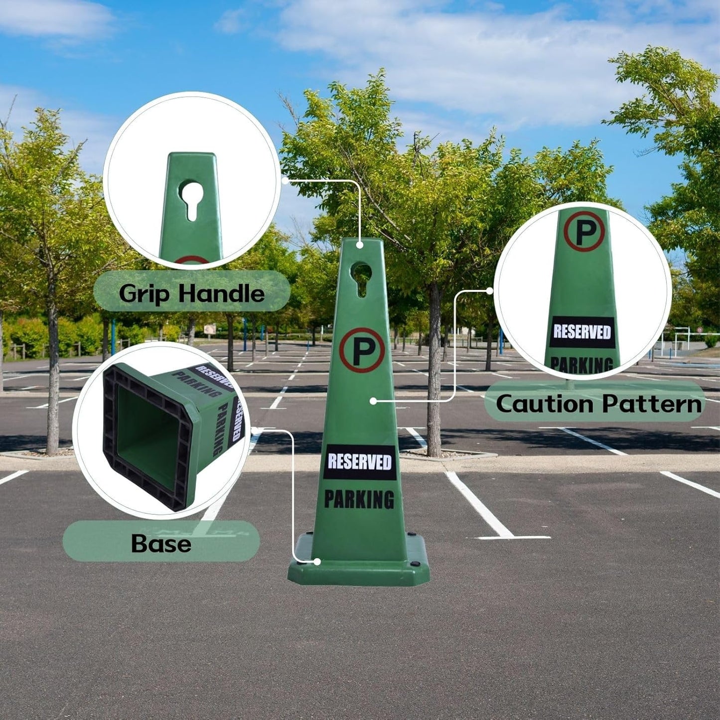 26.5" Caution Cones, 4-Sided Visible Safety Signs with Heavy Rubber Base, Warning for Slip & Fall Prevention, Indoor/Outdoor Use (4, Reserved Parking-Green, 26.5 inch)