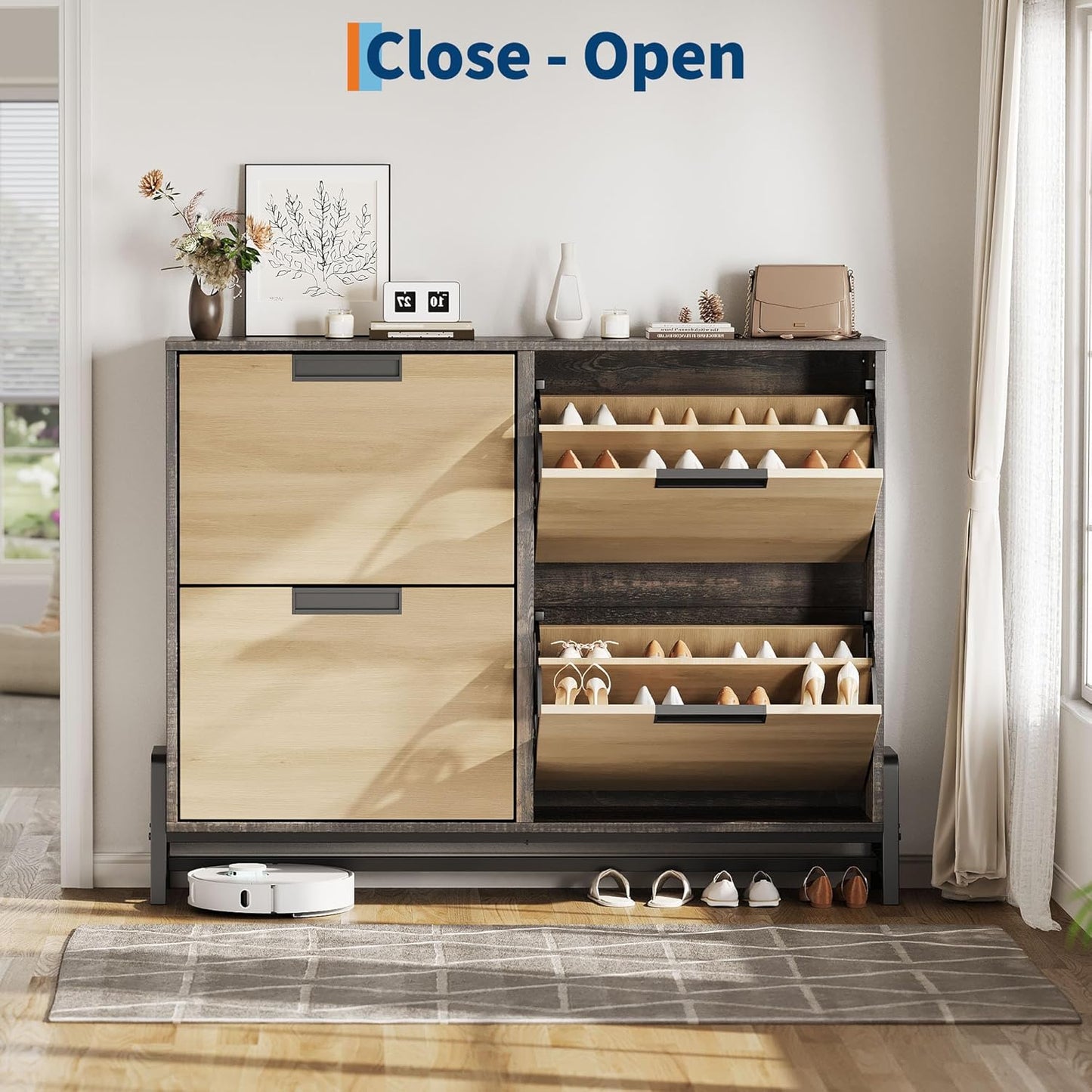 CABIHOME Shoe Cabinet Storage for Entryway, Narrow Shoe Organizers with 4 Flip Drawers, Freestanding with Metal Legs, Large Shoe Rack with 3-Tier Adjustable Shelves for Hallway, Living Room, Oak