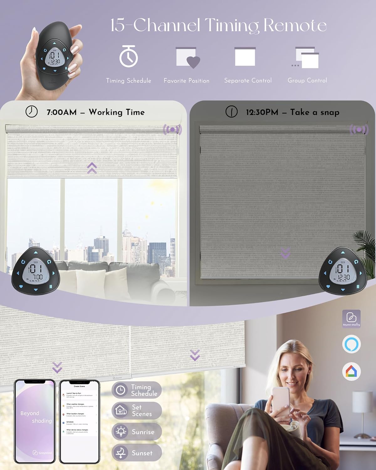 Graywind Smart Blackout Roller Shades Compatible with Alexa Google Textured Fabric Rechargeable Motorized Blinds Cordless Remote Control Window Shades, Custom Size (Metallic Fuscous Grey)