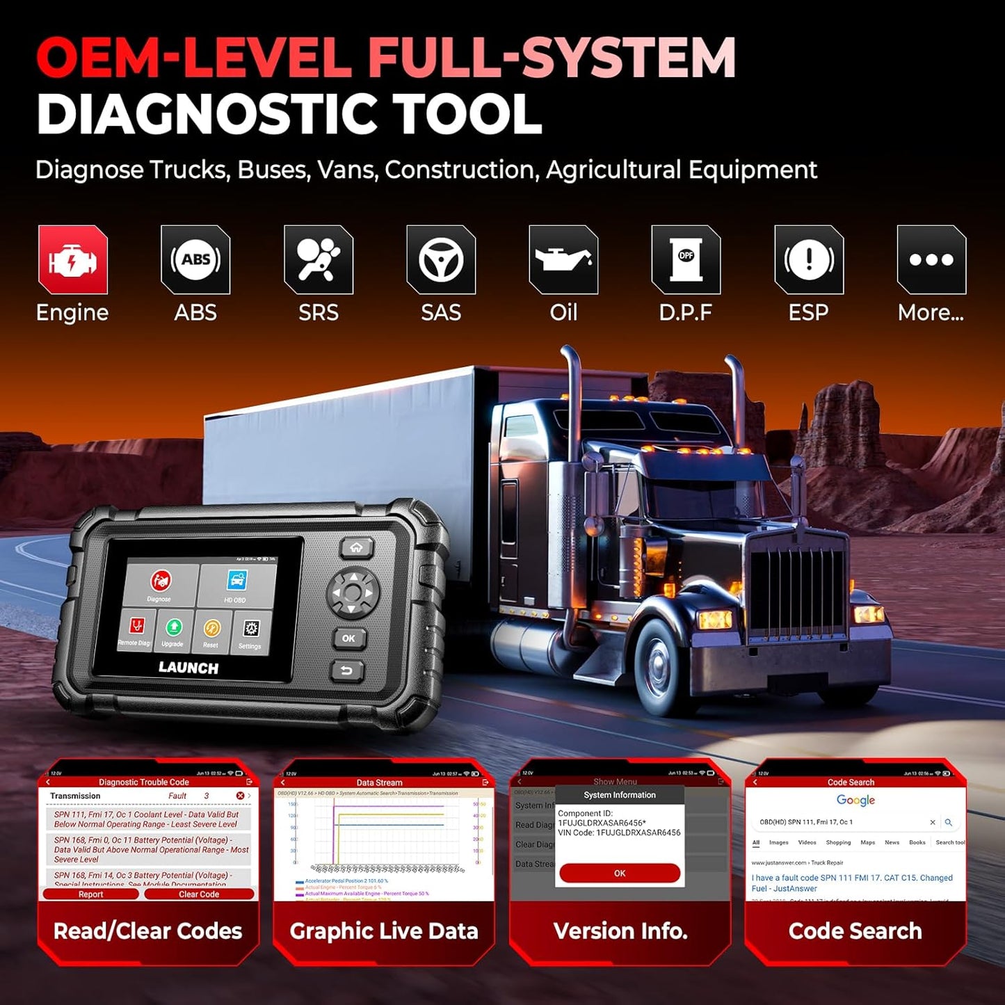 Launch CRP129 HD Heavy Duty Truck Scanner, 2026 Full System Diesel Scanner with Speed Limit Adjust Reset, D.P.F Regen, Oil Reset for Commercial Vehicles, Cummins, Detroit, International Paccar