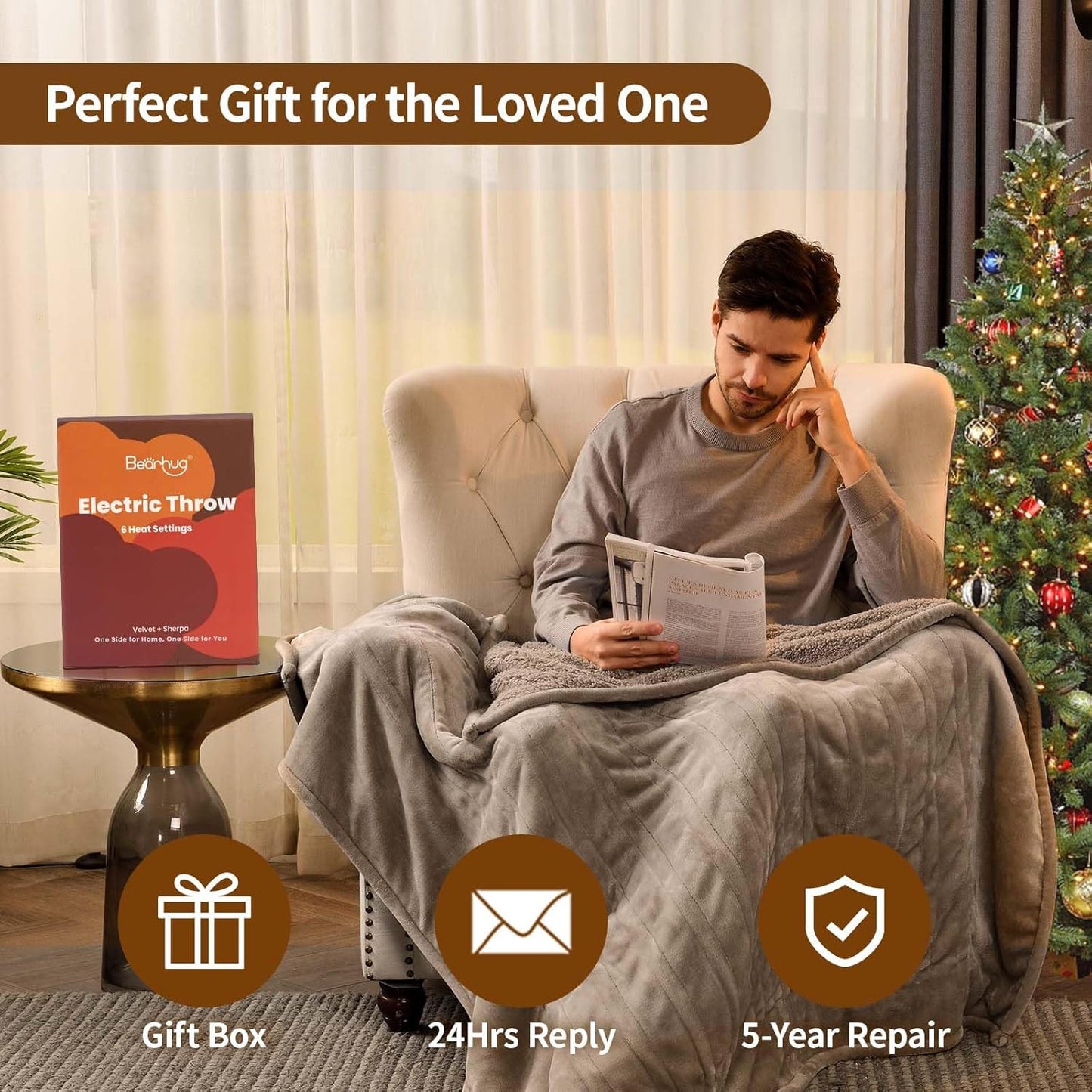 Bearhug Electric Throw Blanket 50" x 60", Reversible Velvet & Sherpa Heated Throw, 6 Heating Levels & 4H Auto Off, Over-Heat Protect, ETL Certification, Machine Washable