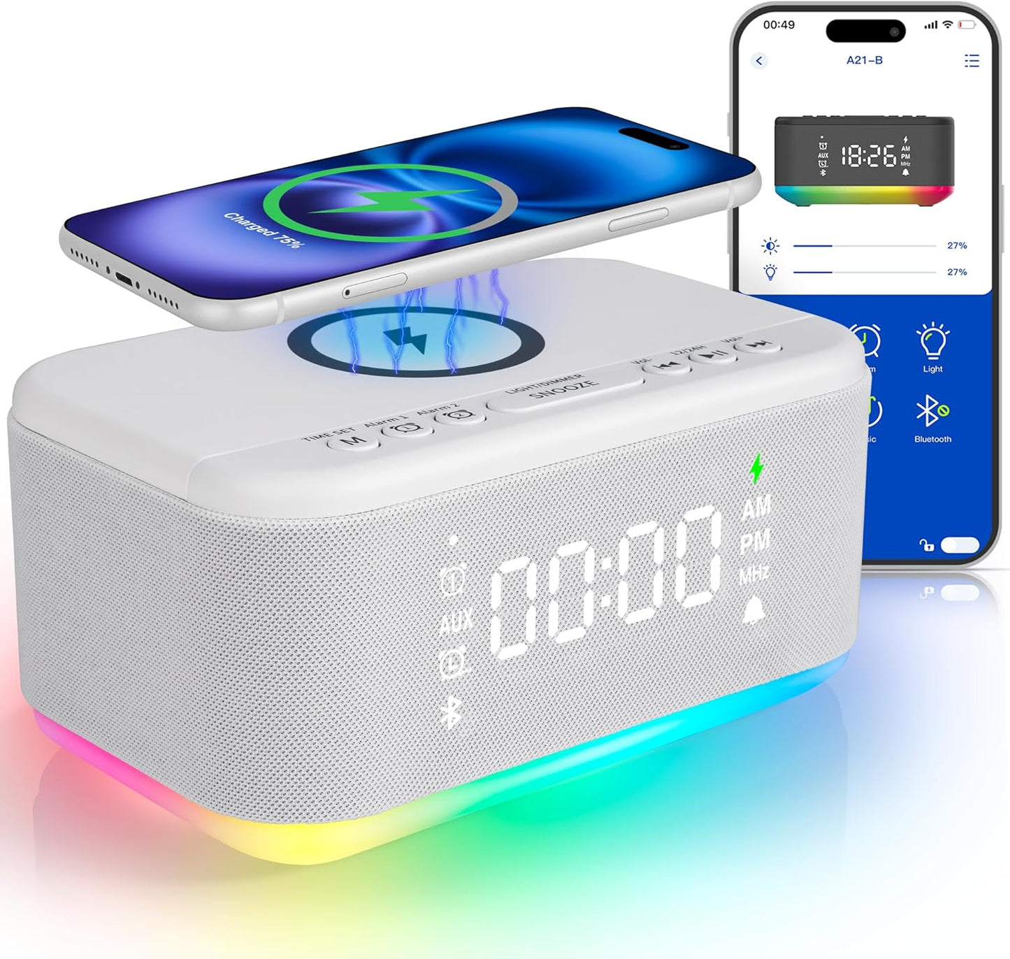 Bluetooth Alarm Clock Radio Bedroom, Digital Dual Alarm Clock Bedroom, Up to 10 Alarms Clock Night Light Speaker App/Button Control FM Charge Snooze Adjustable Volume Dim 12/24H, White