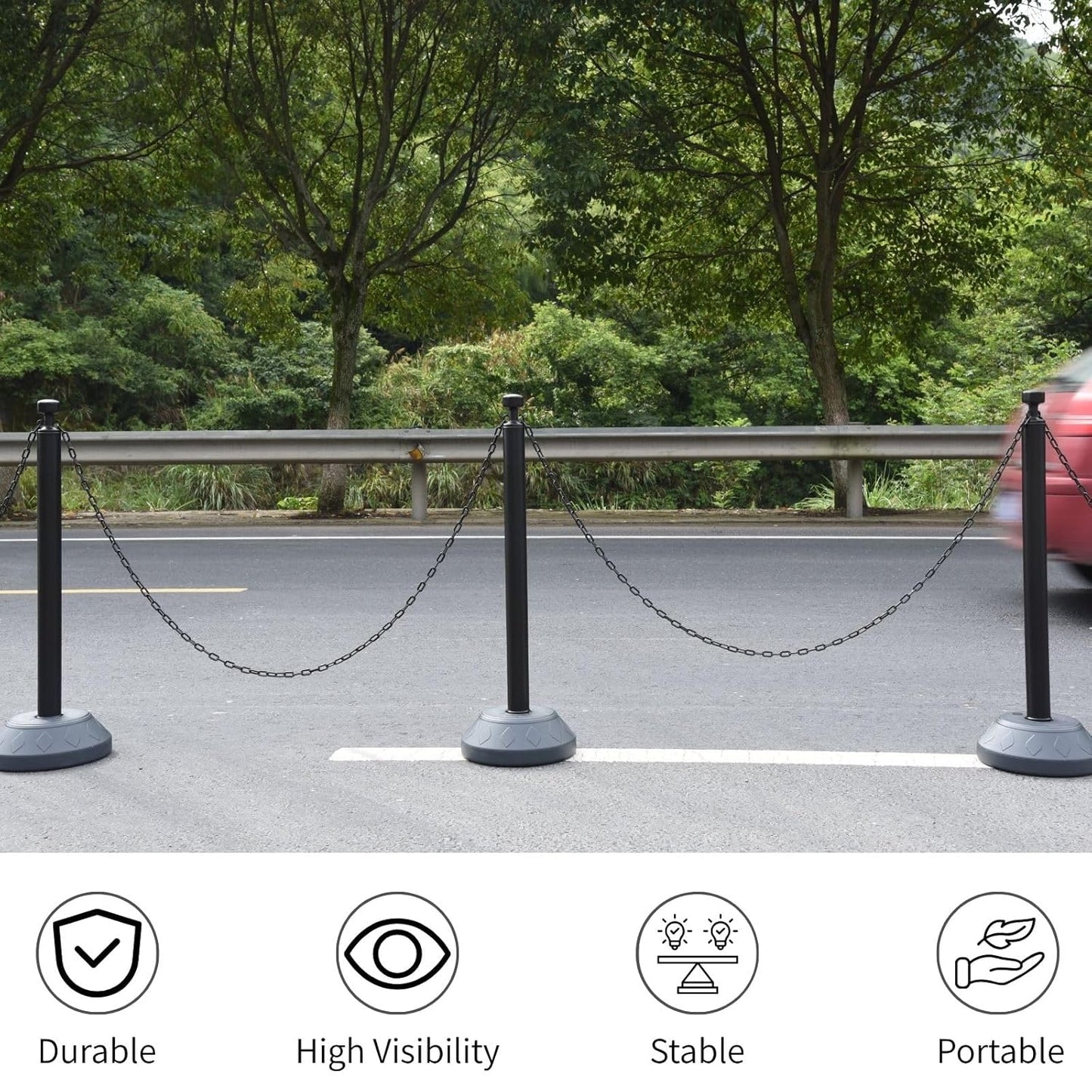 6 Pack Traffic Delineator Post Cones with Plastic Chain Crowd Control Barriers - Expandable 40" Traffic Control Cones, 6 x 6.6 Ft Chains for Indoor & Outdoor Use (Black-Water Filled Base)