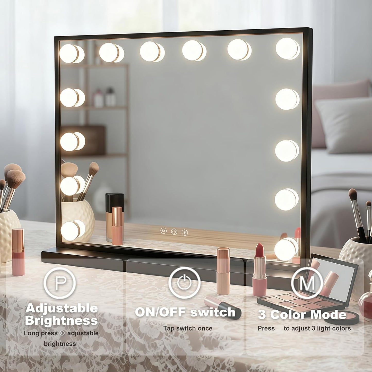 Lighted Vanity Mirror, Hollywood Style, 14.5 Inch LED Makeup Mirror, White/Black, Metal Frame, 10x Magnification, 3 Dimming Modes, Smart Touch Control (Black)
