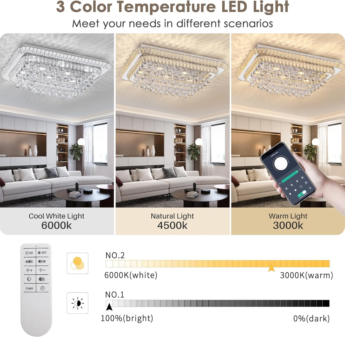 COCOSTAR 32 inch Crystal Flush Mount Chandelier Remote/APP, Modern Raindrop LED Ceiling Light, 3CCT Dimmable & Brightness Adjustable,Elegant Chandeliers for Bedroom Hallway Dinning Room Living Room